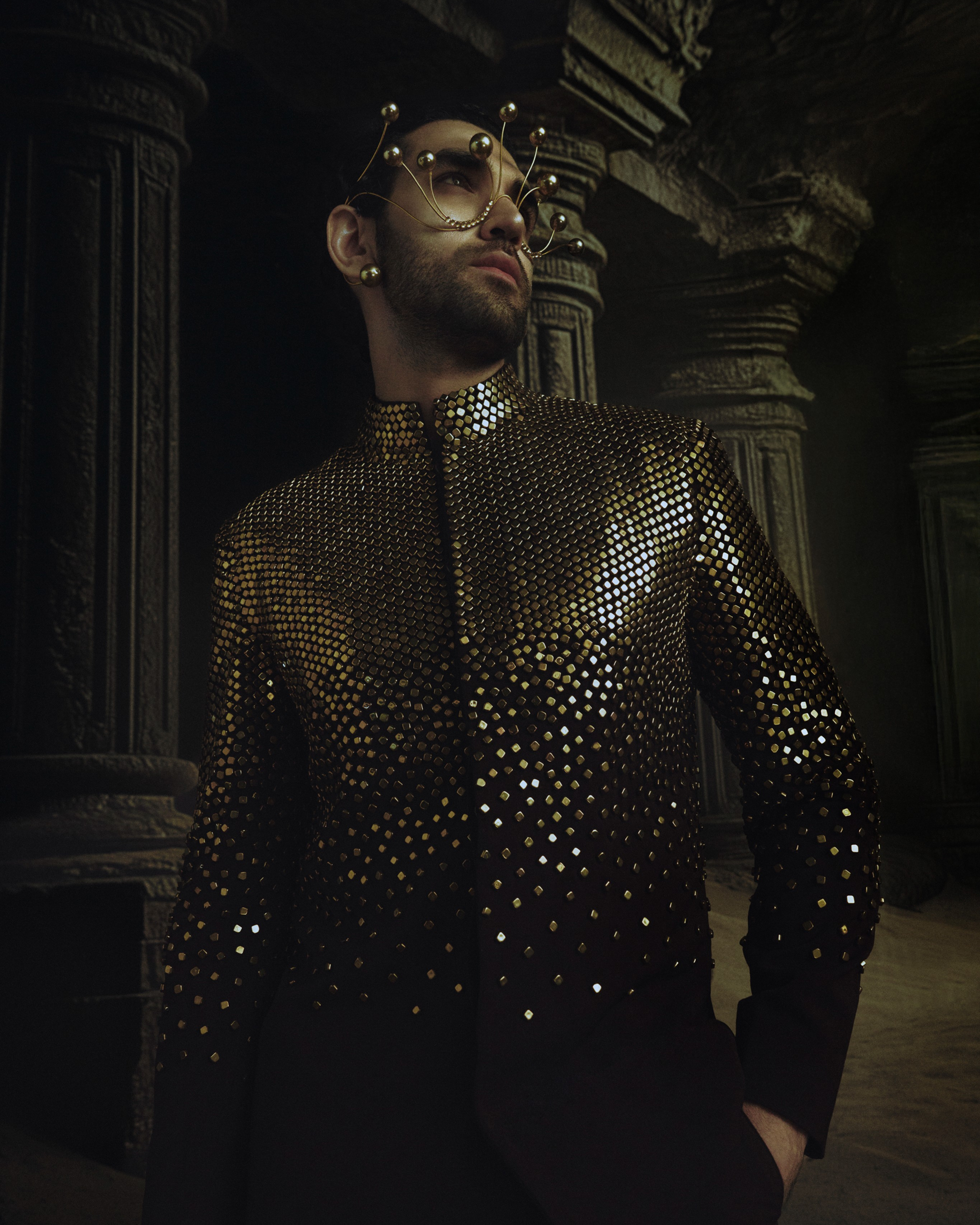 Brown Metallic Stud Encrusted Bandhgala Jacket + Pants