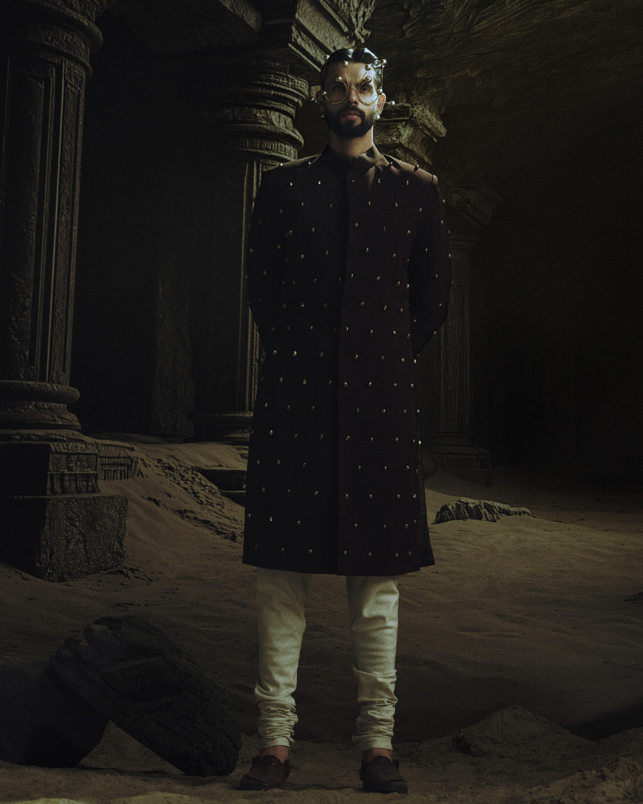 Brown Polki Beaded Embroidered Sherwani Set