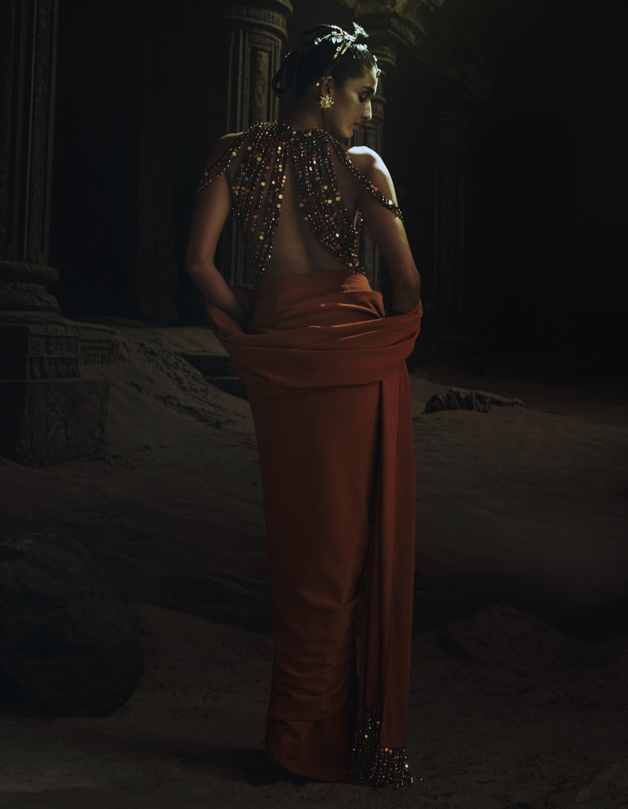 Rust Prestitched Saree with Metallic Bead Blouse