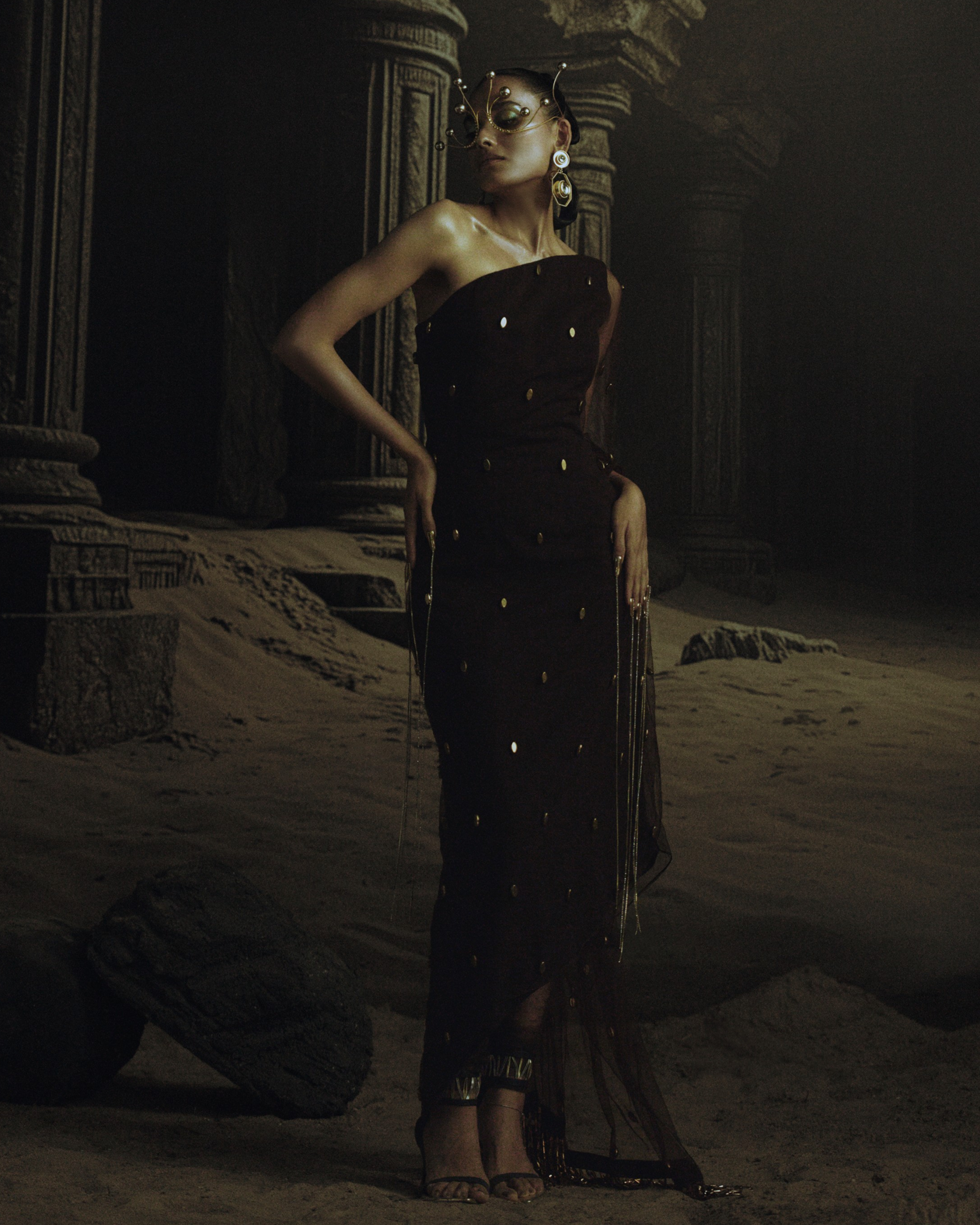 Brown Polka Metallic Bead Embroidered Kaftan Saree + Churidaar