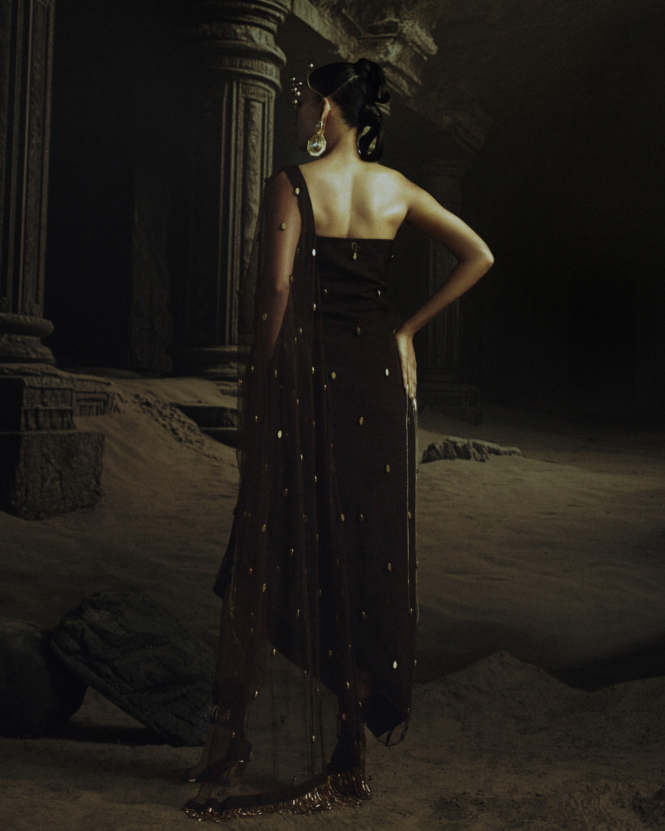 Brown Polka Metallic Bead Embroidered Kaftan Saree + Churidaar