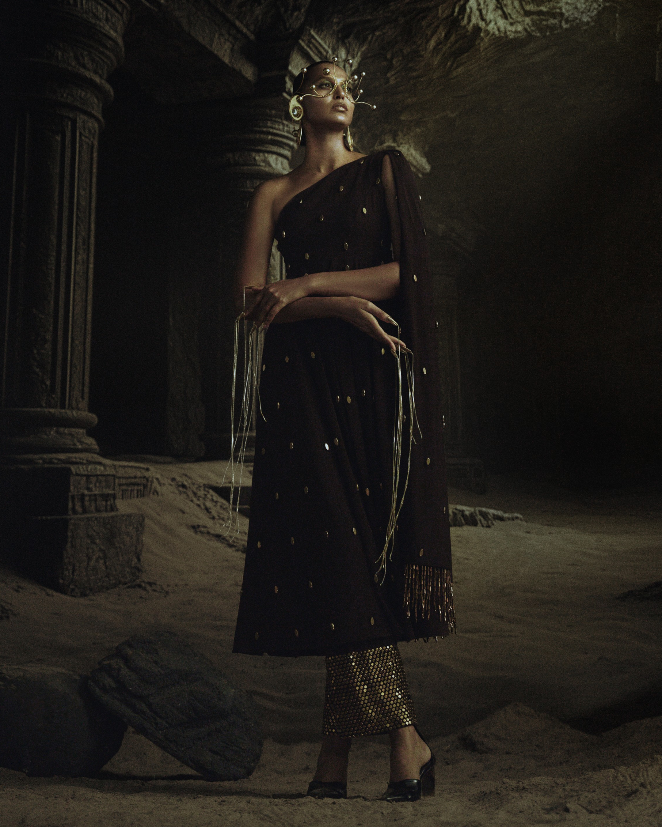 Brown One Shoulder Anarkali with Drape + Metallic Stud Pants