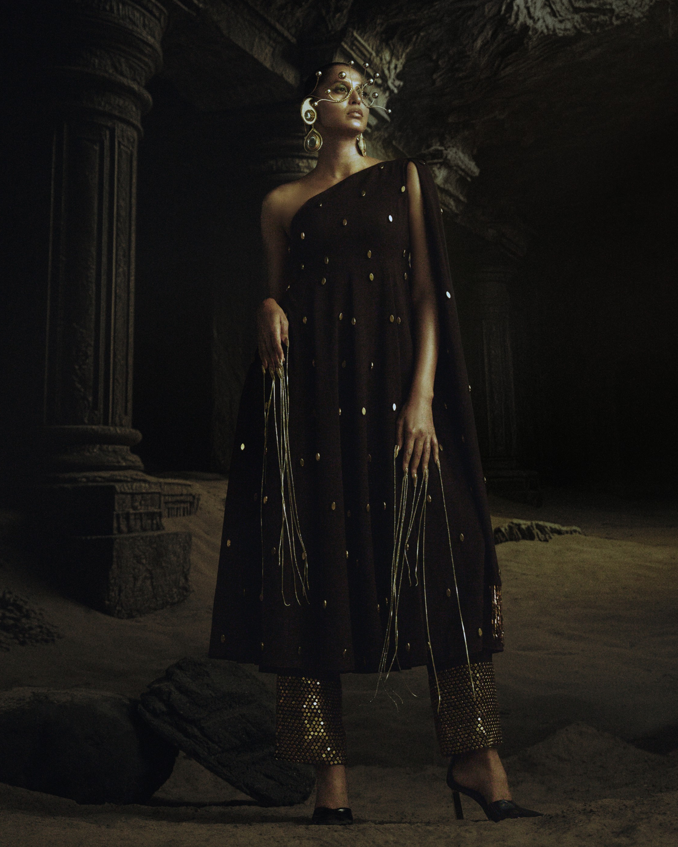 Brown One Shoulder Anarkali with Drape + Metallic Stud Pants