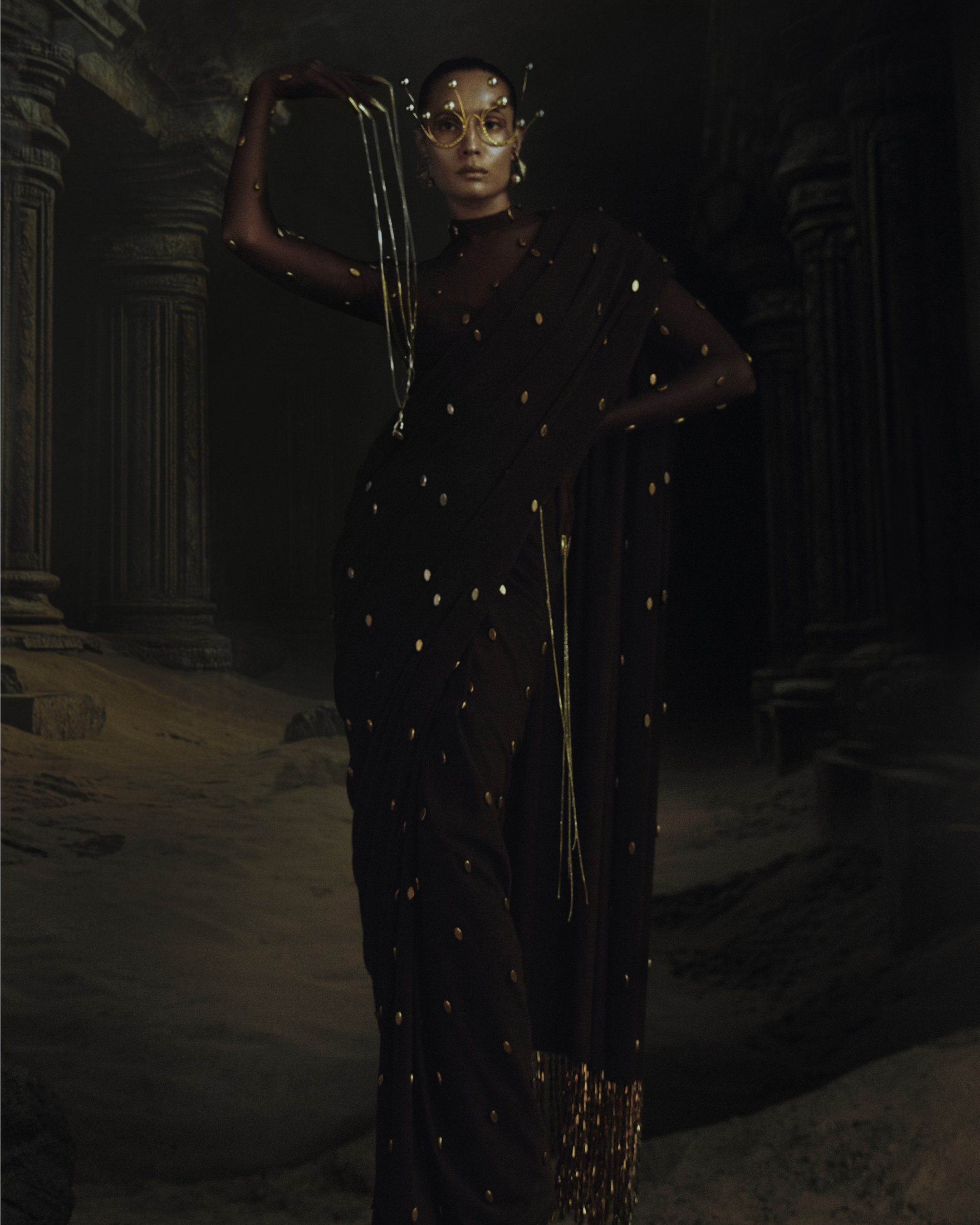 Brown Polka Bead Prestitched Saree + Body Suit Blouse