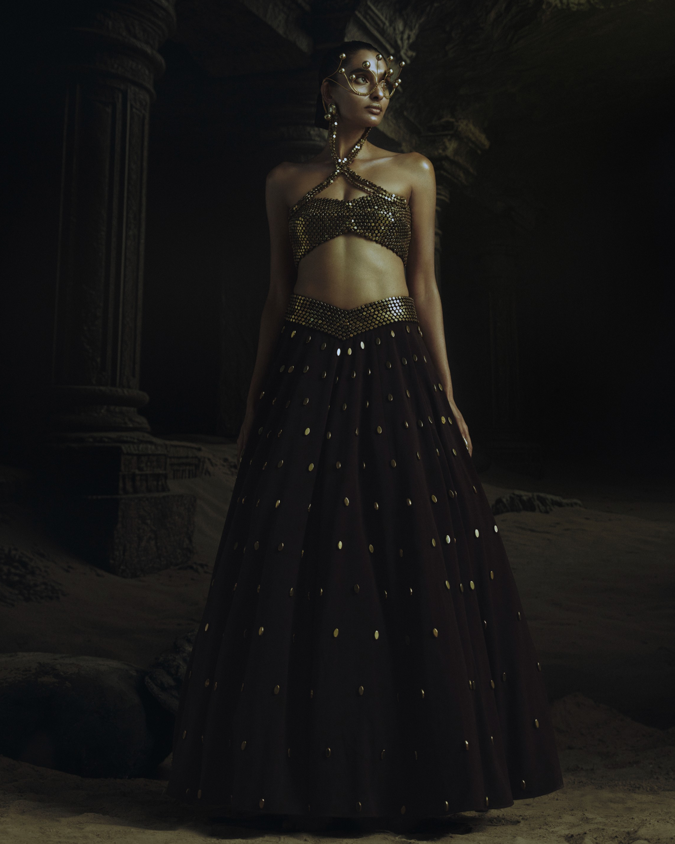 Brown Gold Metallic Stud Earring Blouse + Lehenga