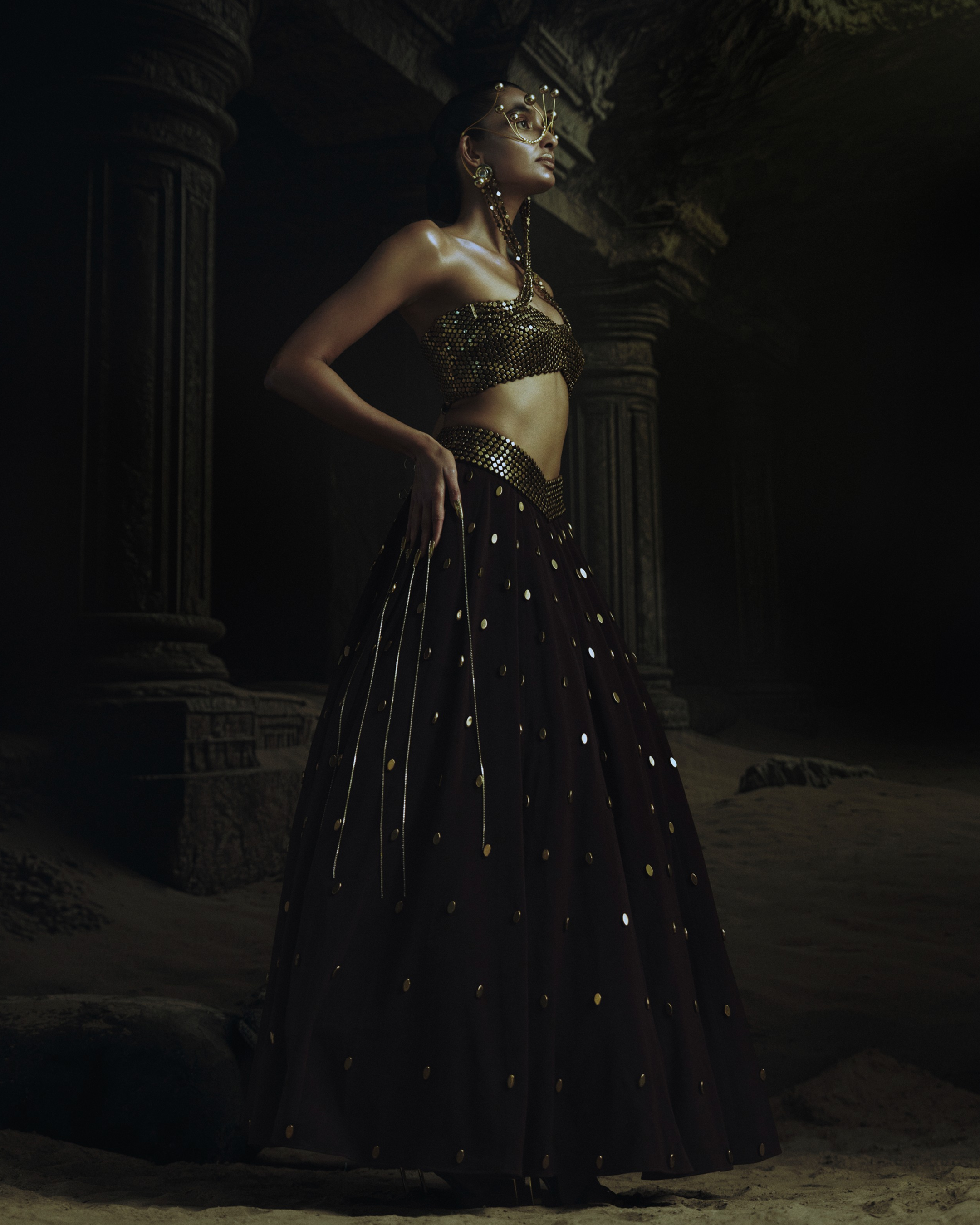 Brown Gold Metallic Stud Earring Blouse + Lehenga