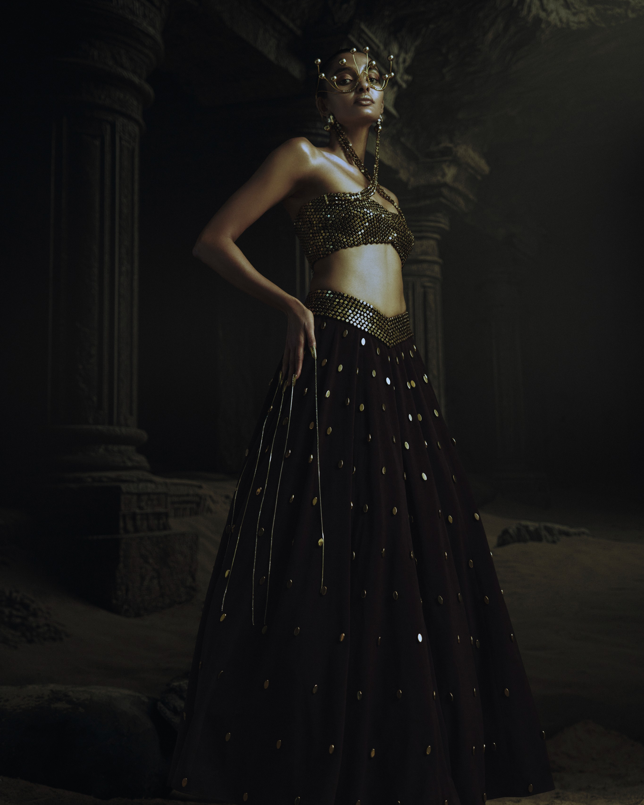 Brown Gold Metallic Stud Earring Blouse + Lehenga