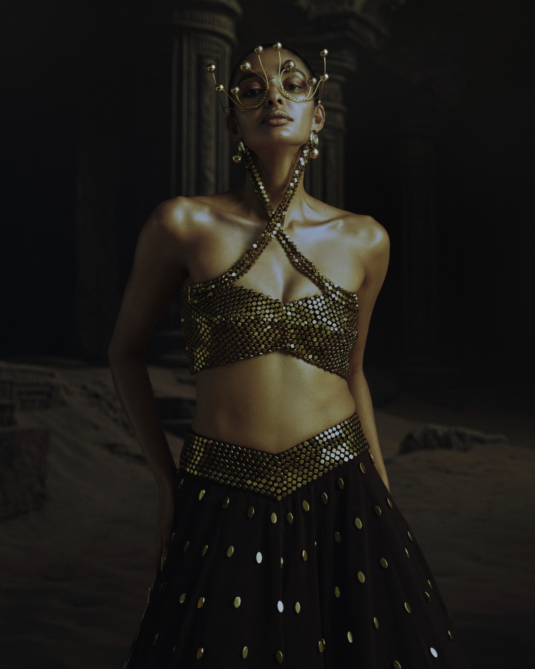 Brown Gold Metallic Stud Earring Blouse + Lehenga