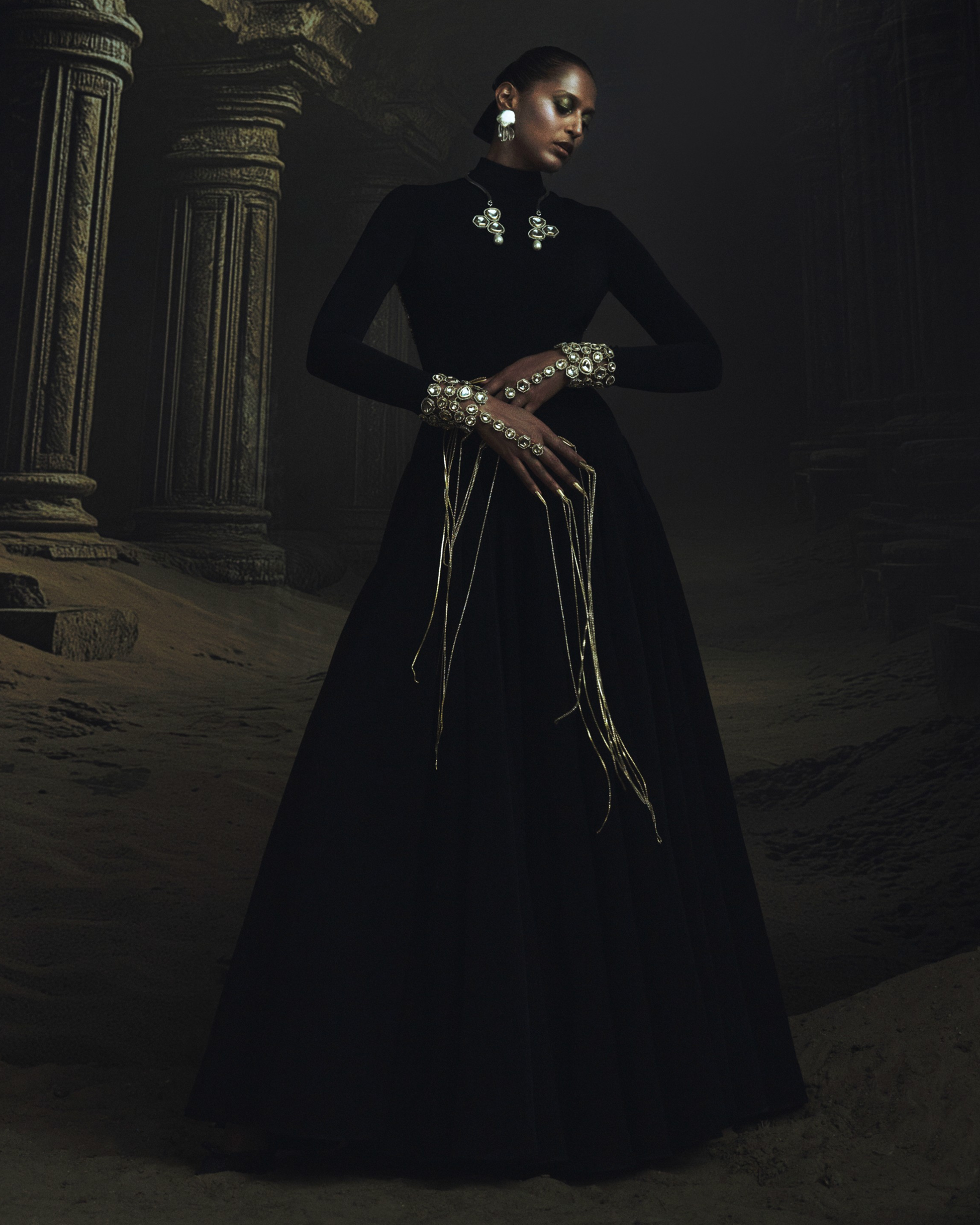 Black Back Open Kundan Anarkali Set