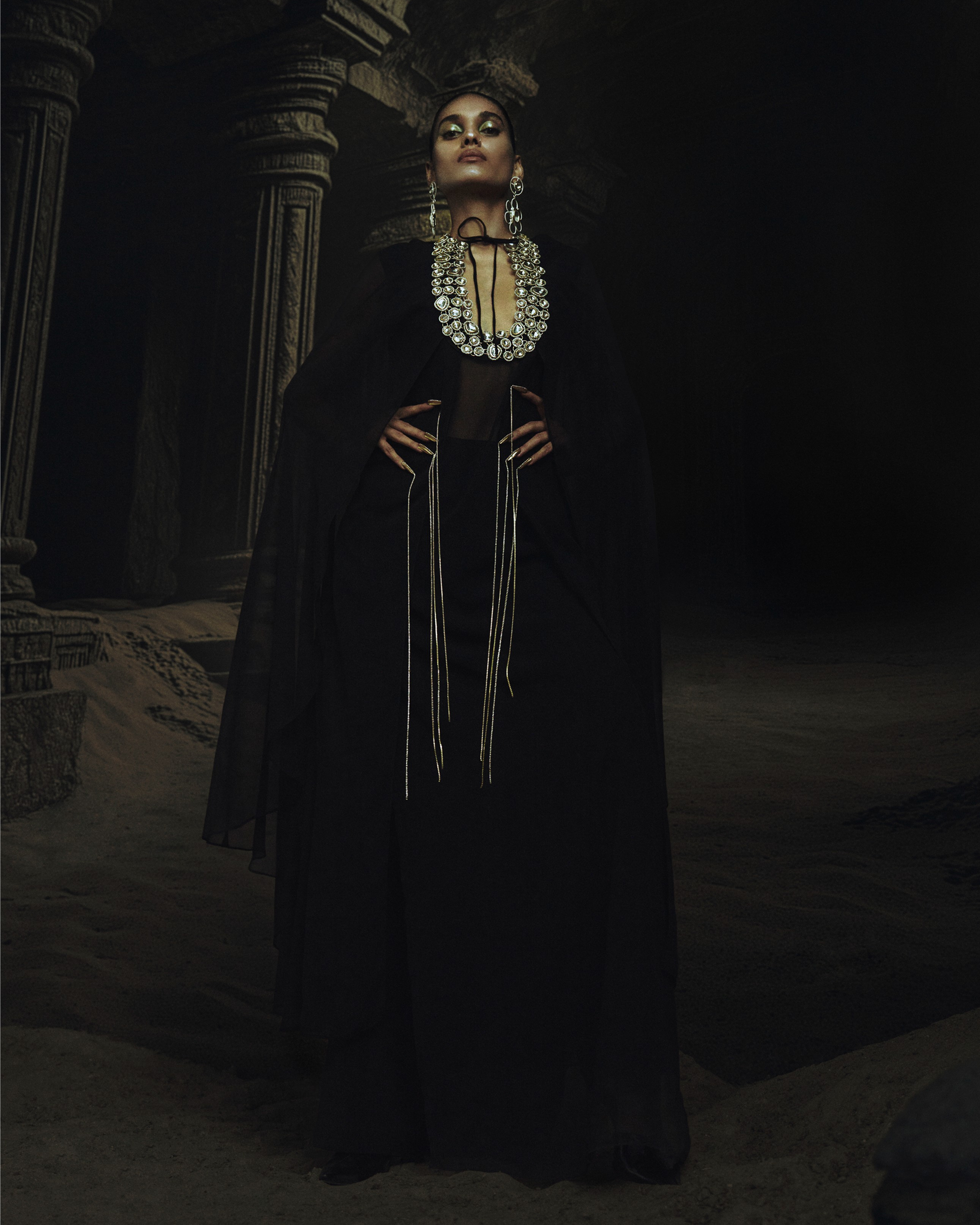 Black Kundan Neck Embroidered Kaftan + Pants