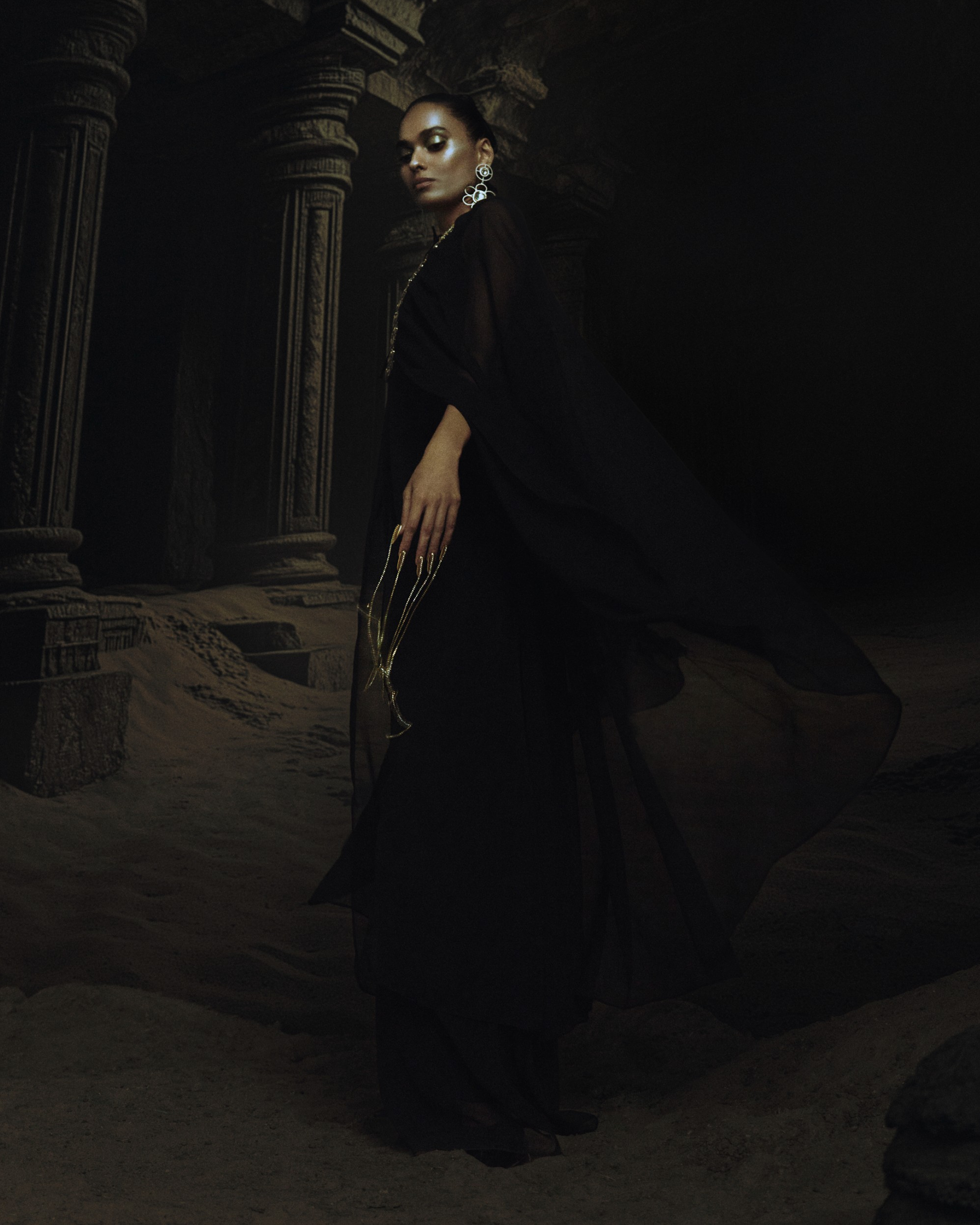 Black Kundan Neck Embroidered Kaftan + Pants