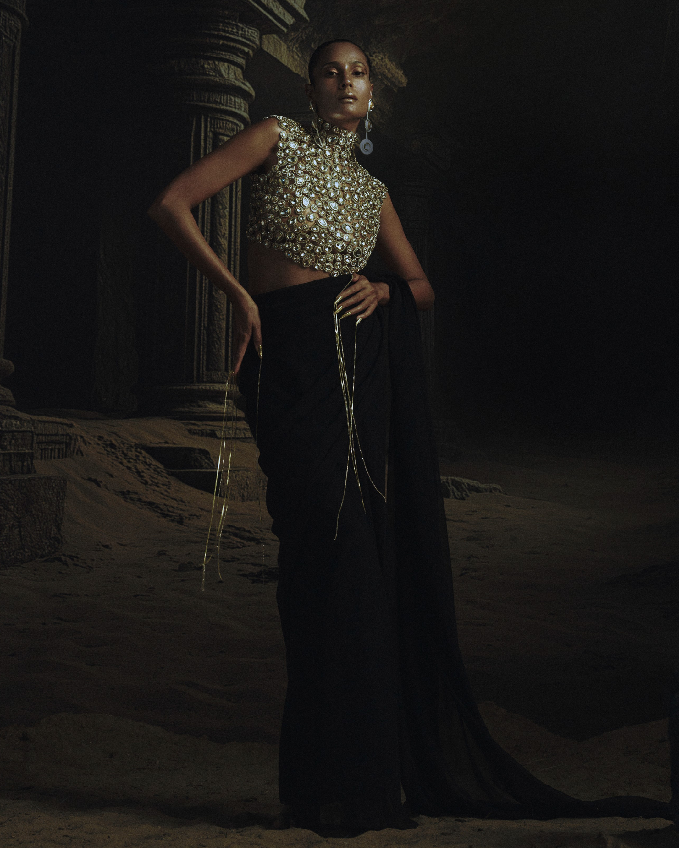 Black Bejeweled Kundan Blouse + Prestitched Saree