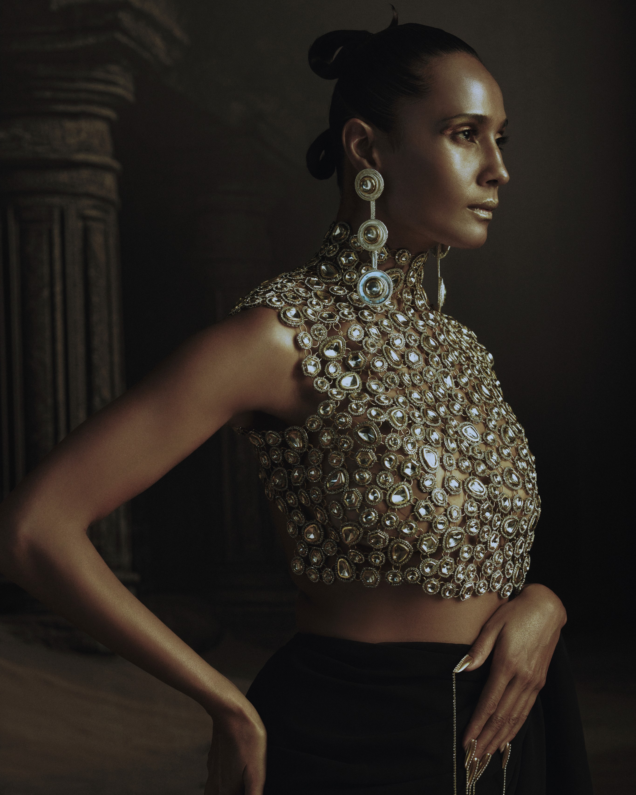 Black Bejeweled Kundan Blouse + Prestitched Saree