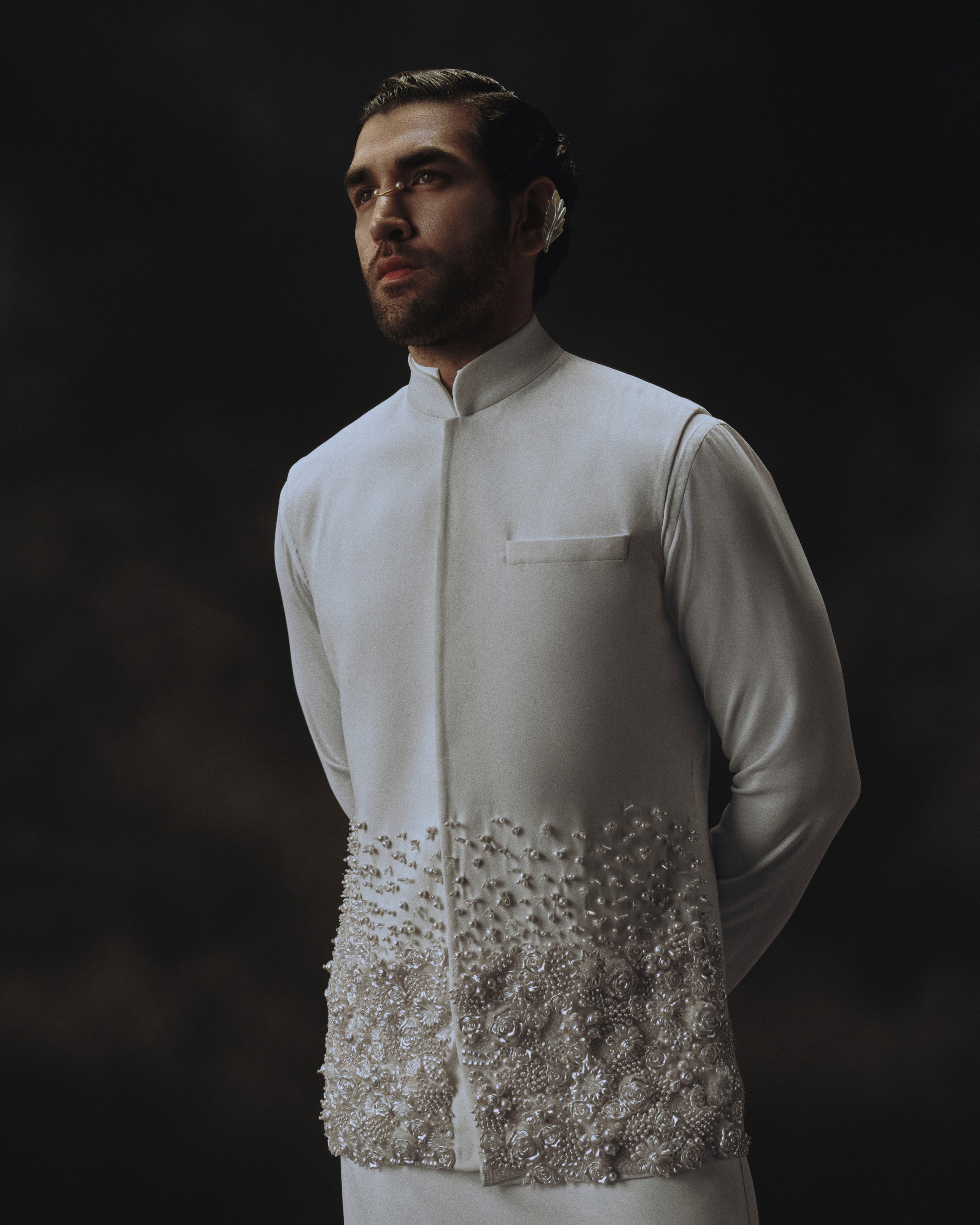 3D Embroidered Waistcoat with Diagonal Slashed Kurta + Pants