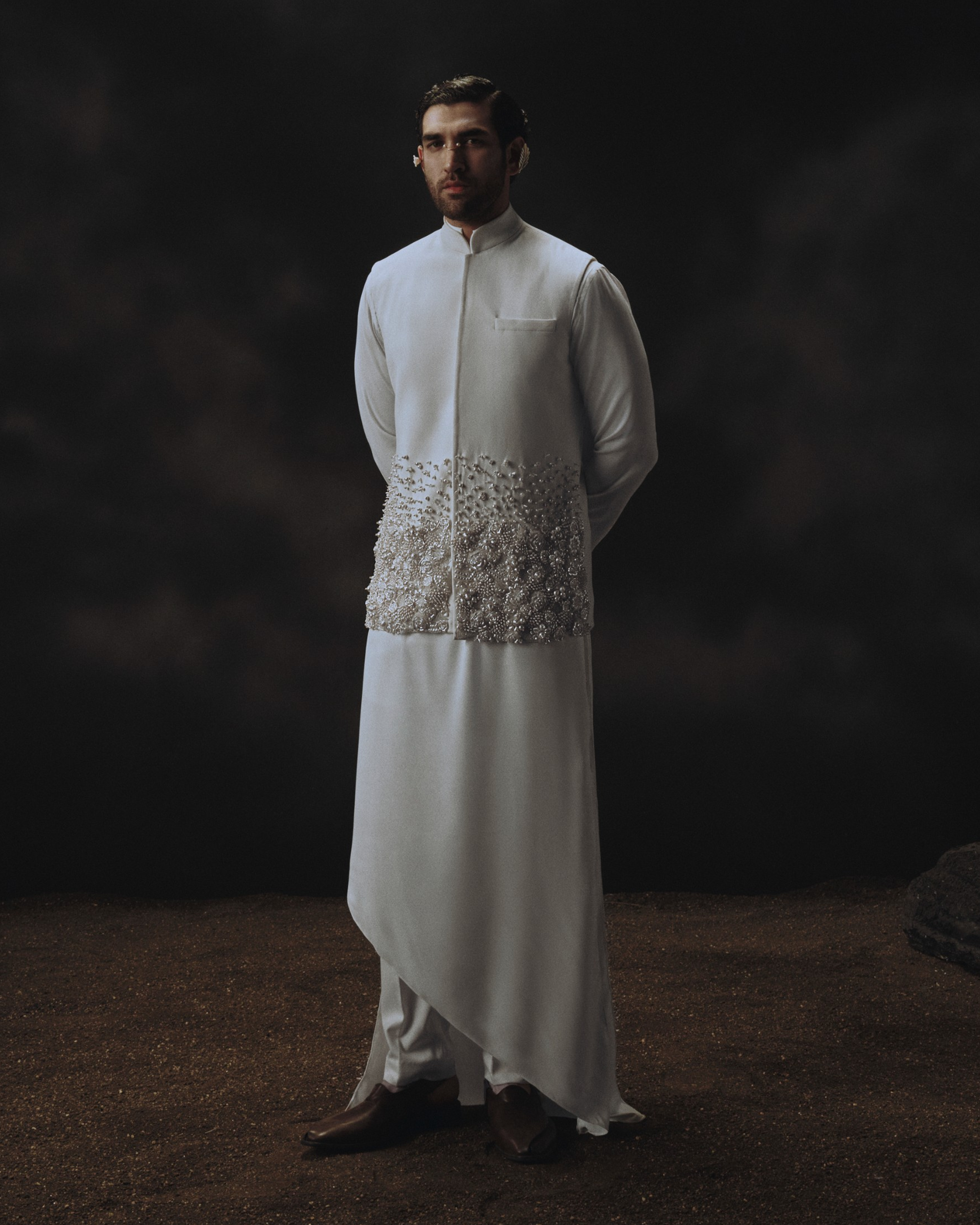 3D Embroidered Waistcoat with Diagonal Slashed Kurta + Pants