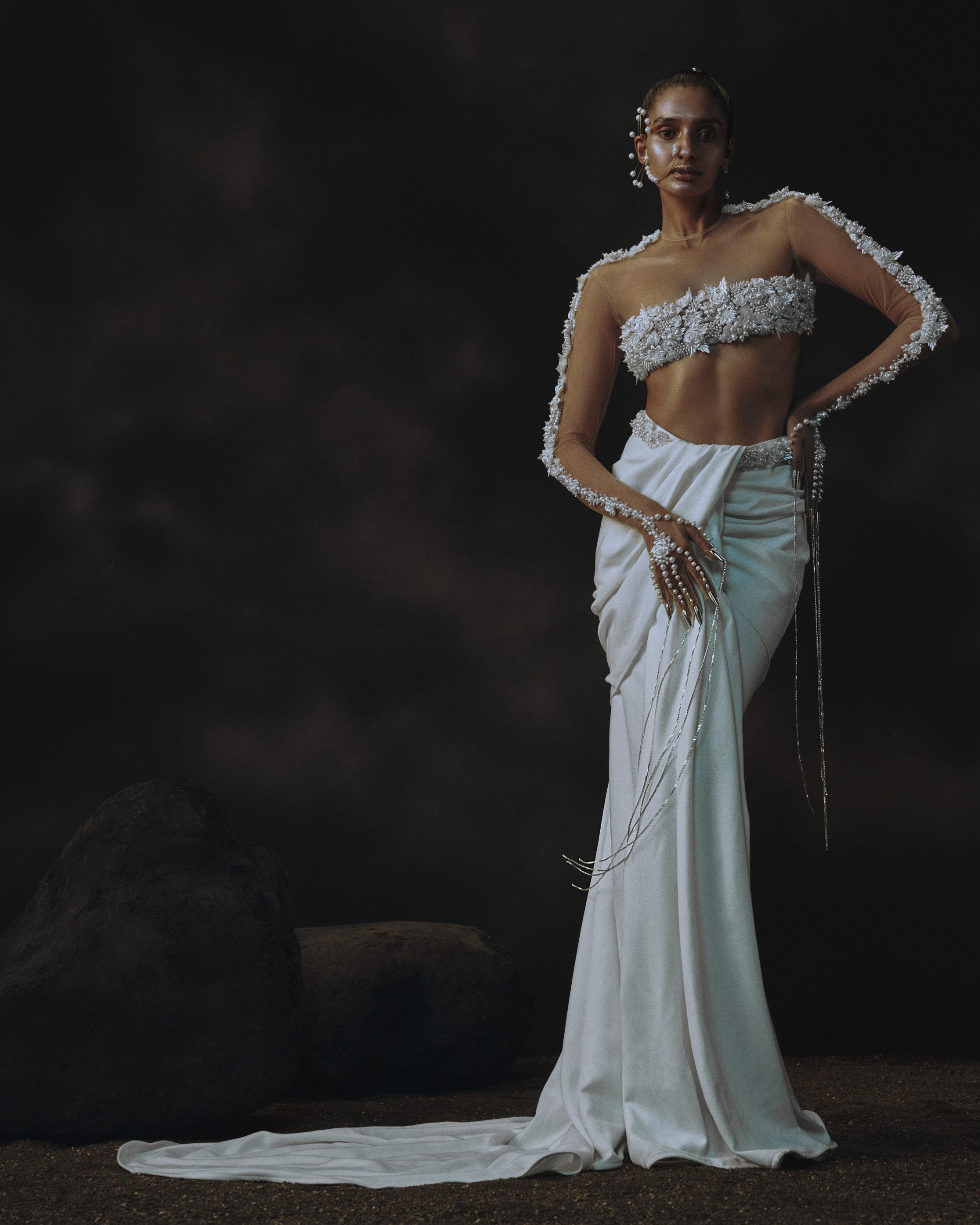White Haath Phool Glove Sleeve Blouse + Drape Skirt