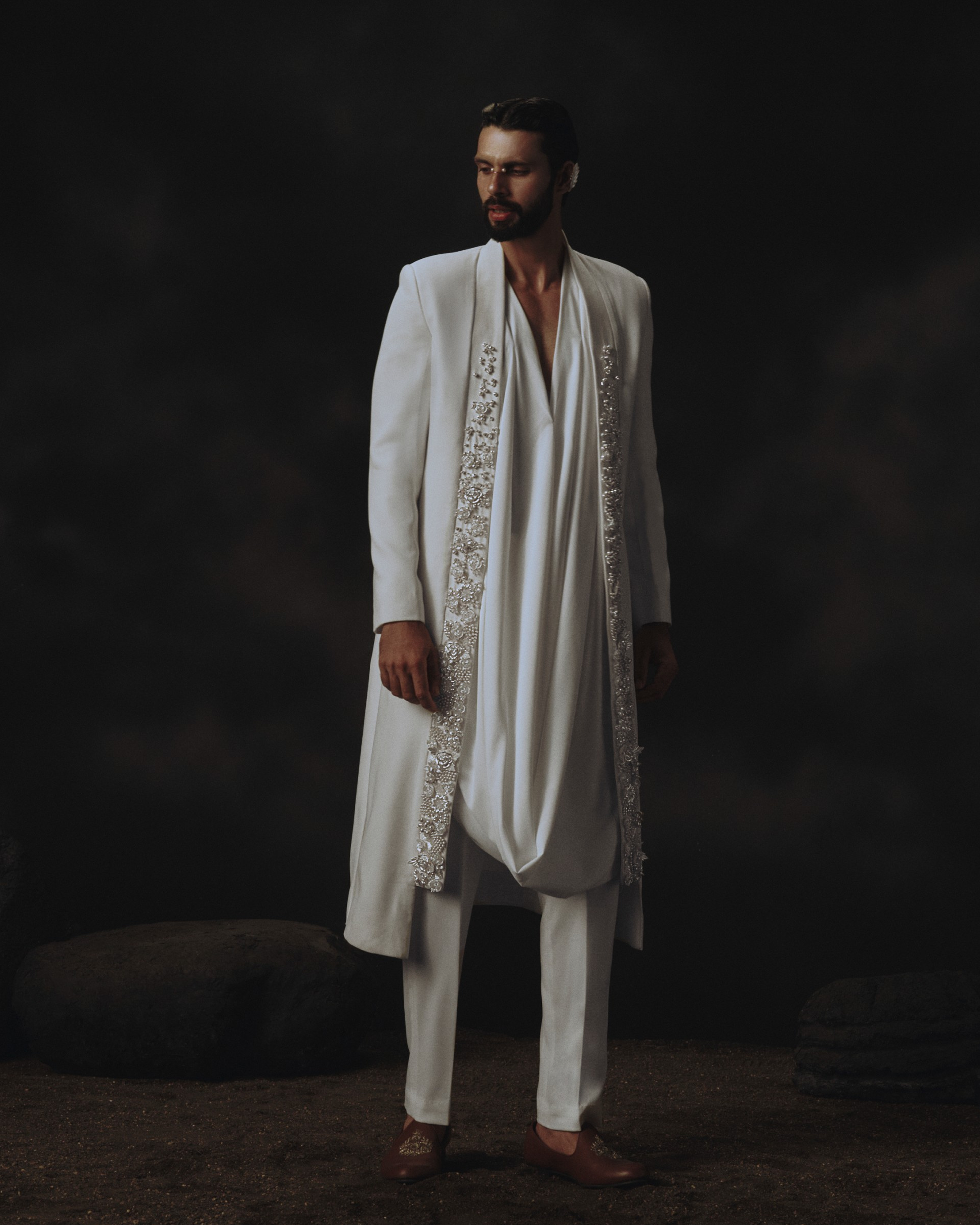 White Open Sherwani + Cowled Kurta + Pants