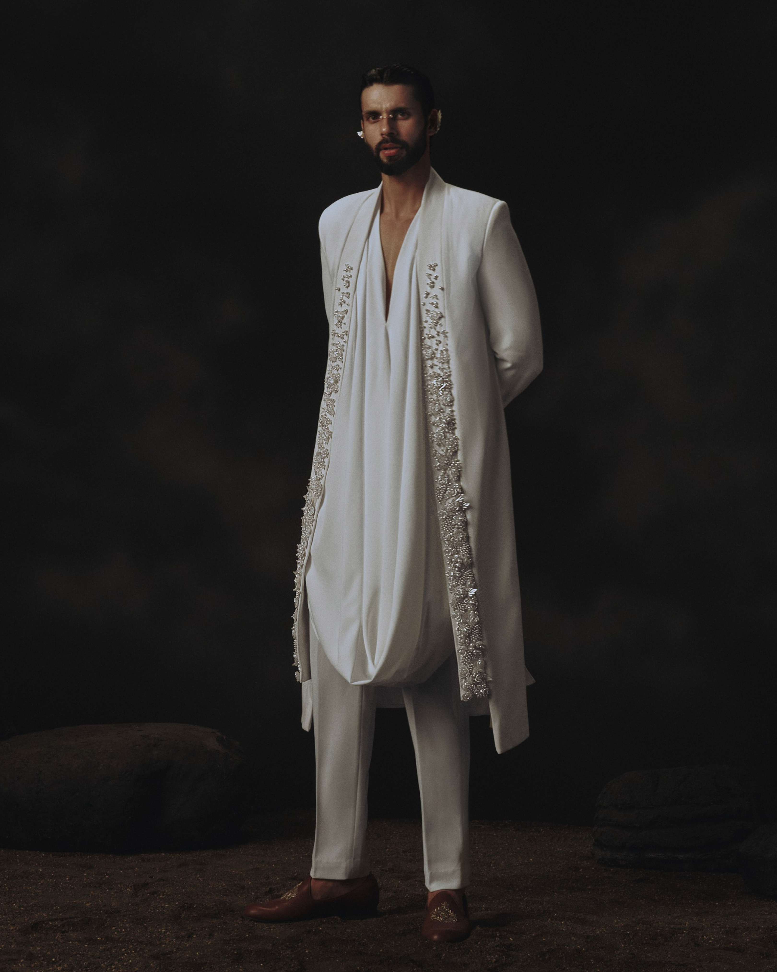 White Open Sherwani + Cowled Kurta + Pants