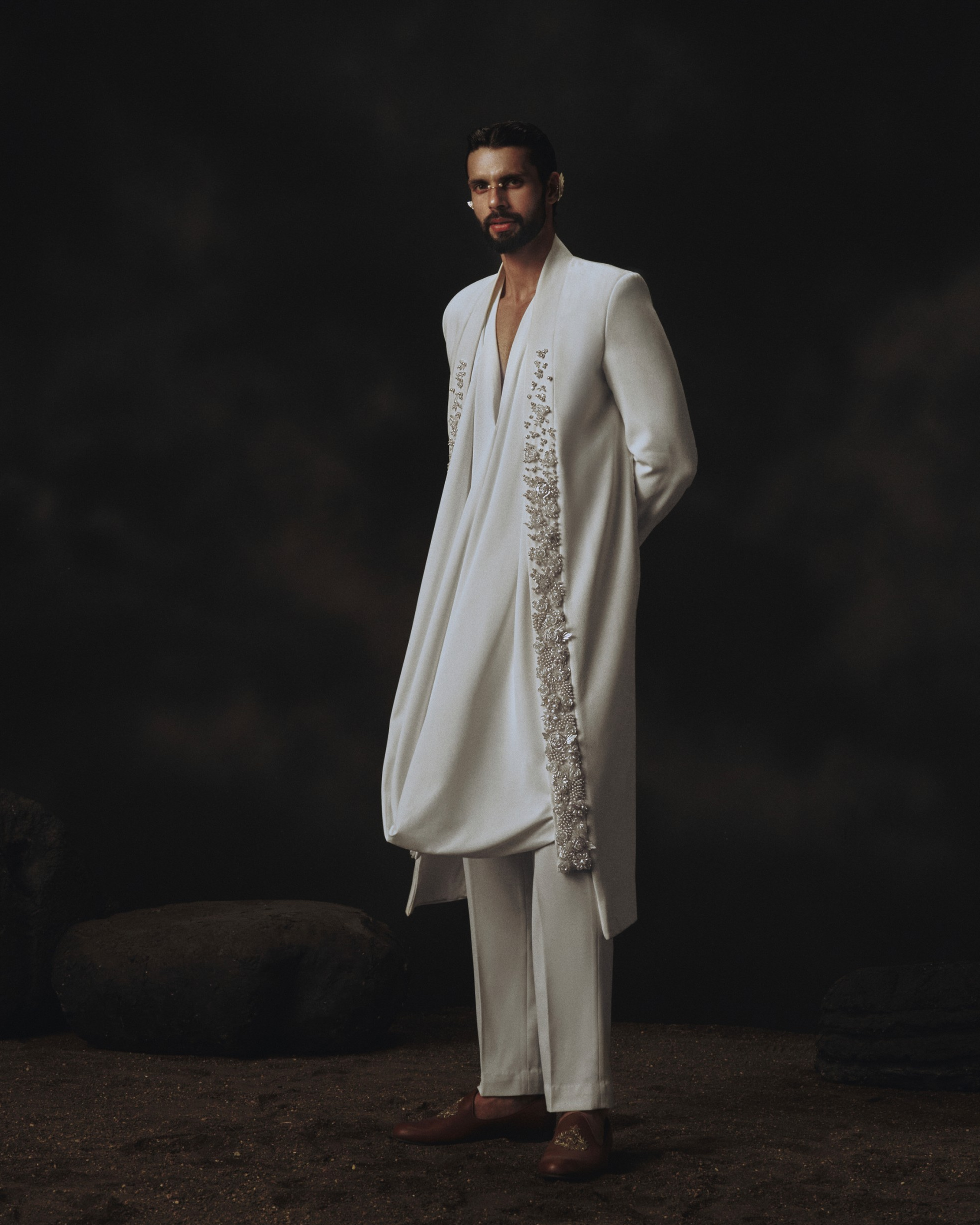 White Open Sherwani + Cowled Kurta + Pants
