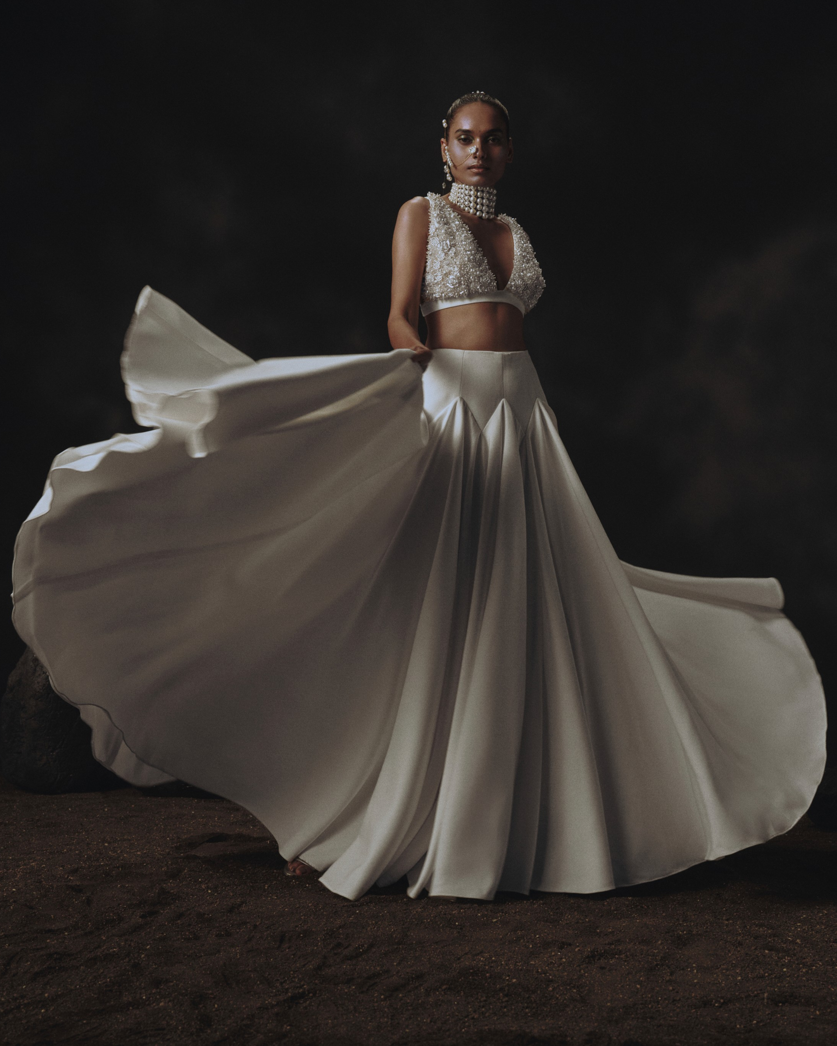 White Godet Lehenga + V Neck Blouse