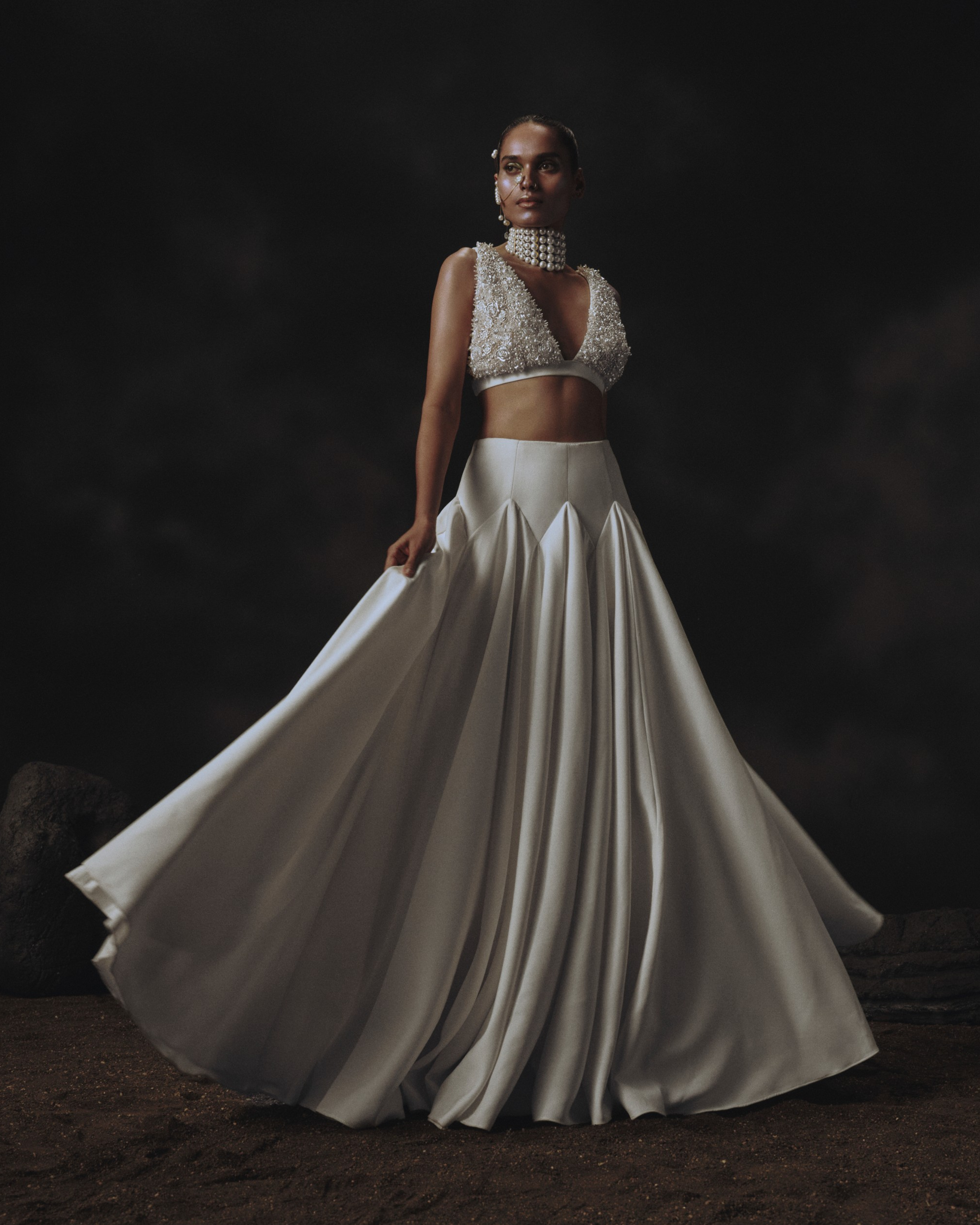 White Godet Lehenga + V Neck Blouse