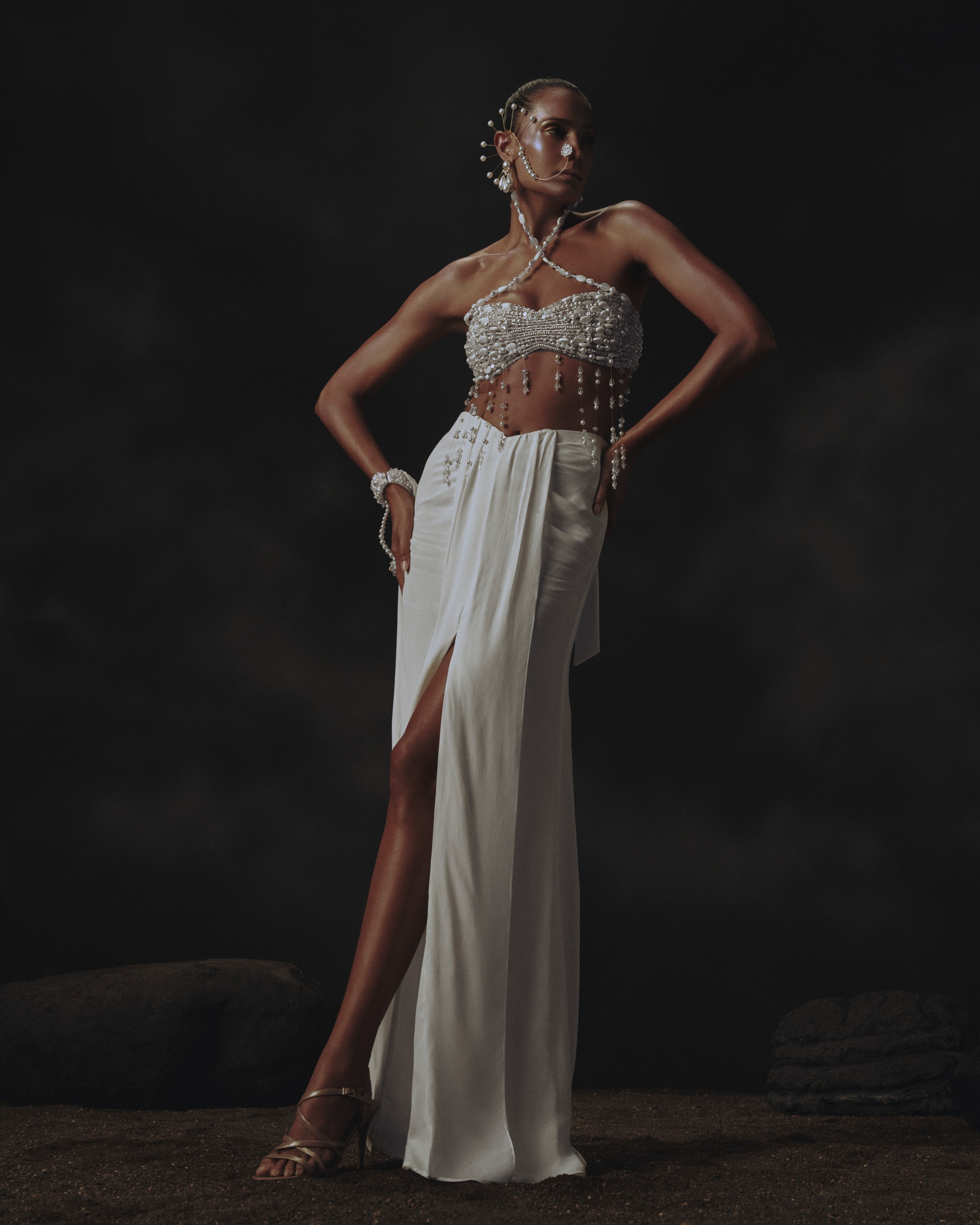 White Drape Skirt + Embroidered Earring Blouse