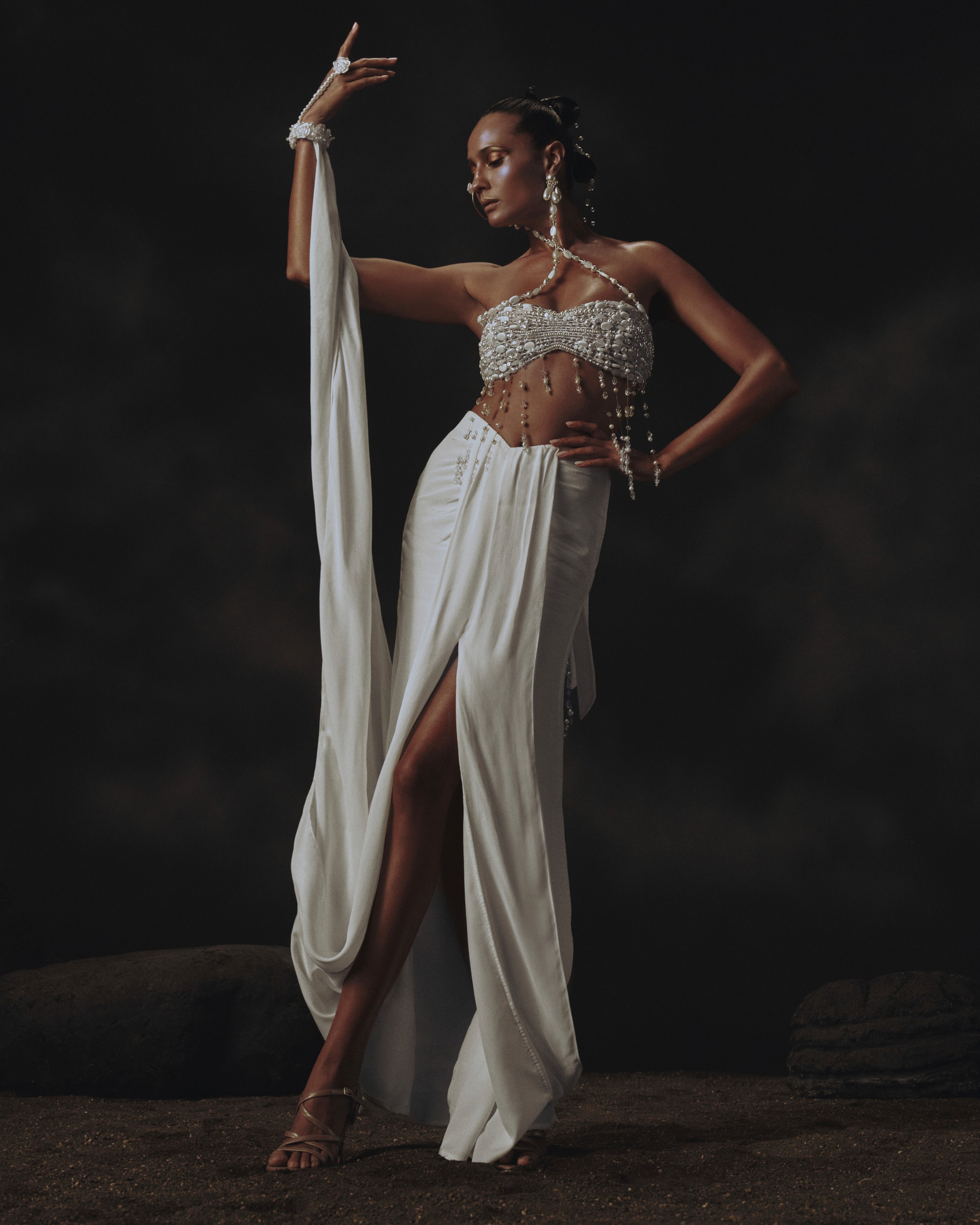White Drape Skirt + Embroidered Earring Blouse