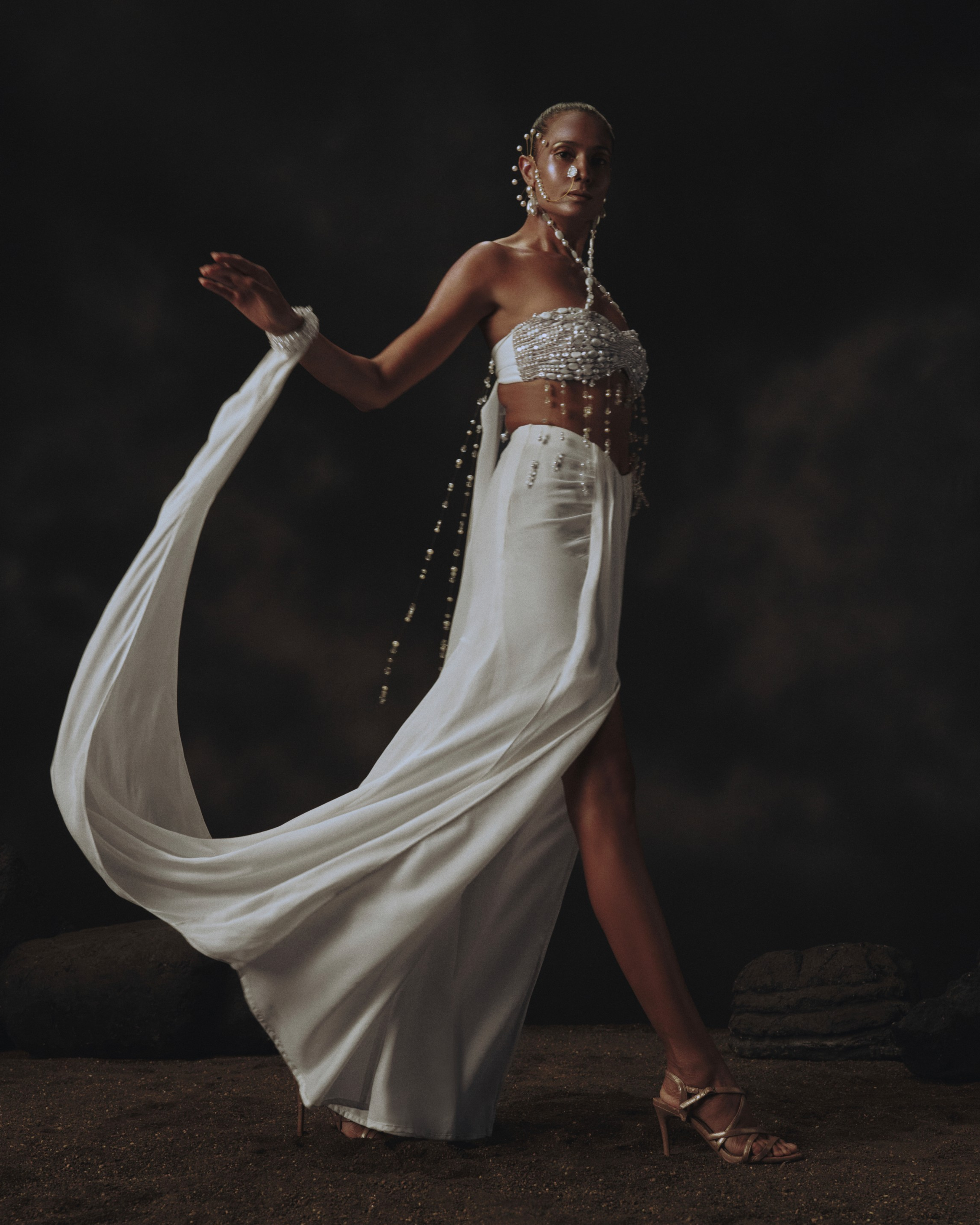 White Drape Skirt + Embroidered Earring Blouse