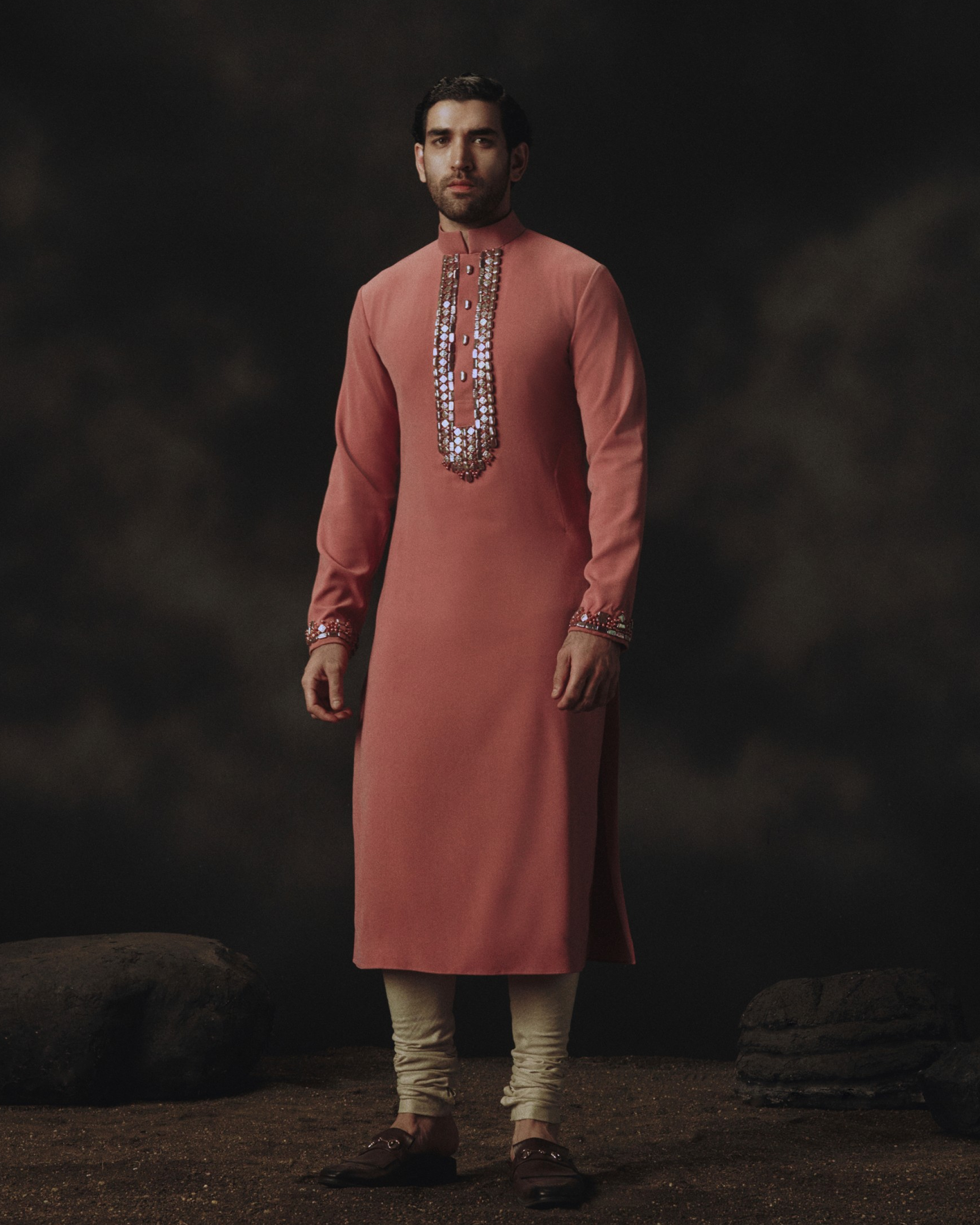 Pink Holographic Bead Embroidered Kurta + Offwhite Linen Churidaar