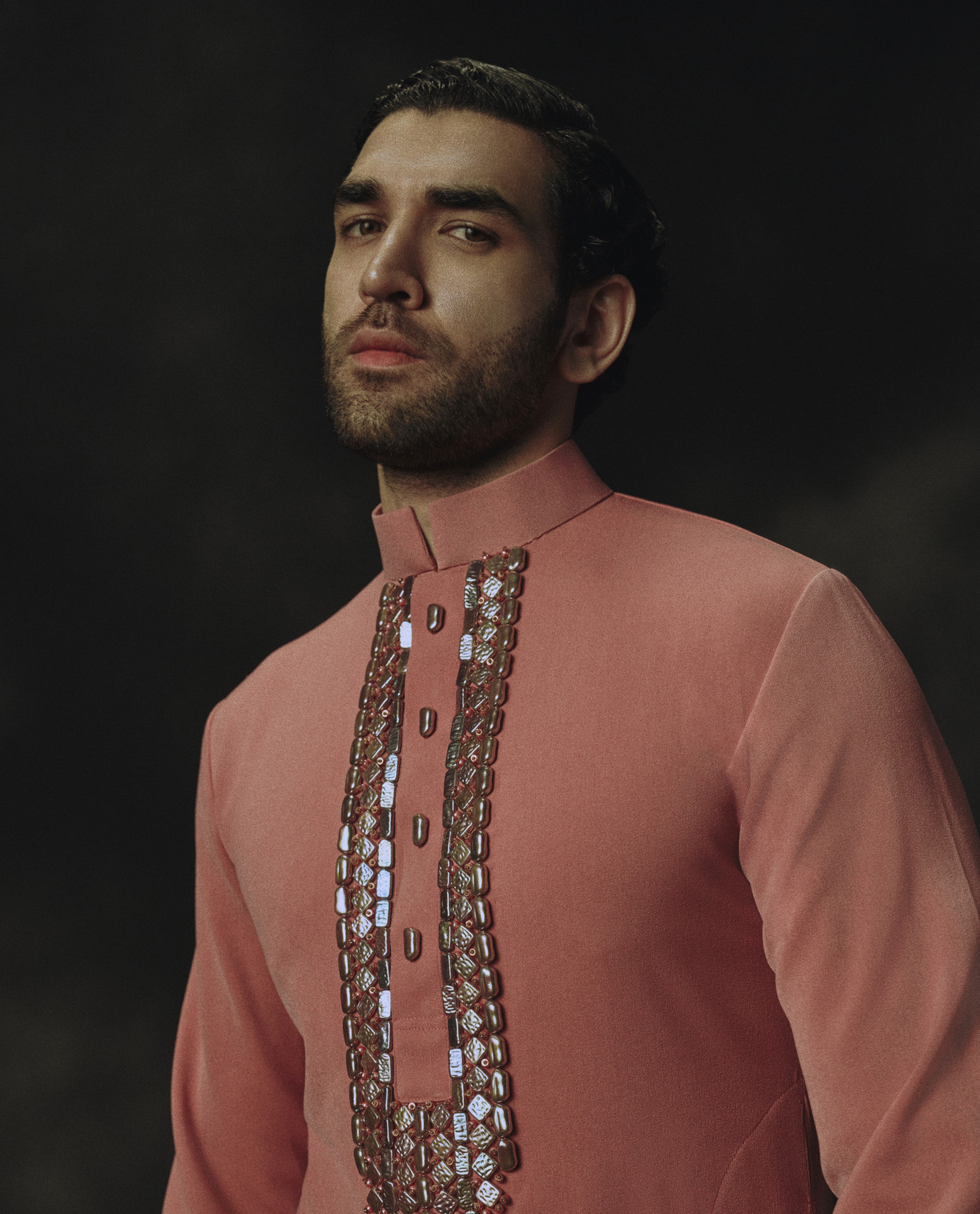 Pink Holographic Bead Embroidered Kurta + Offwhite Linen Churidaar