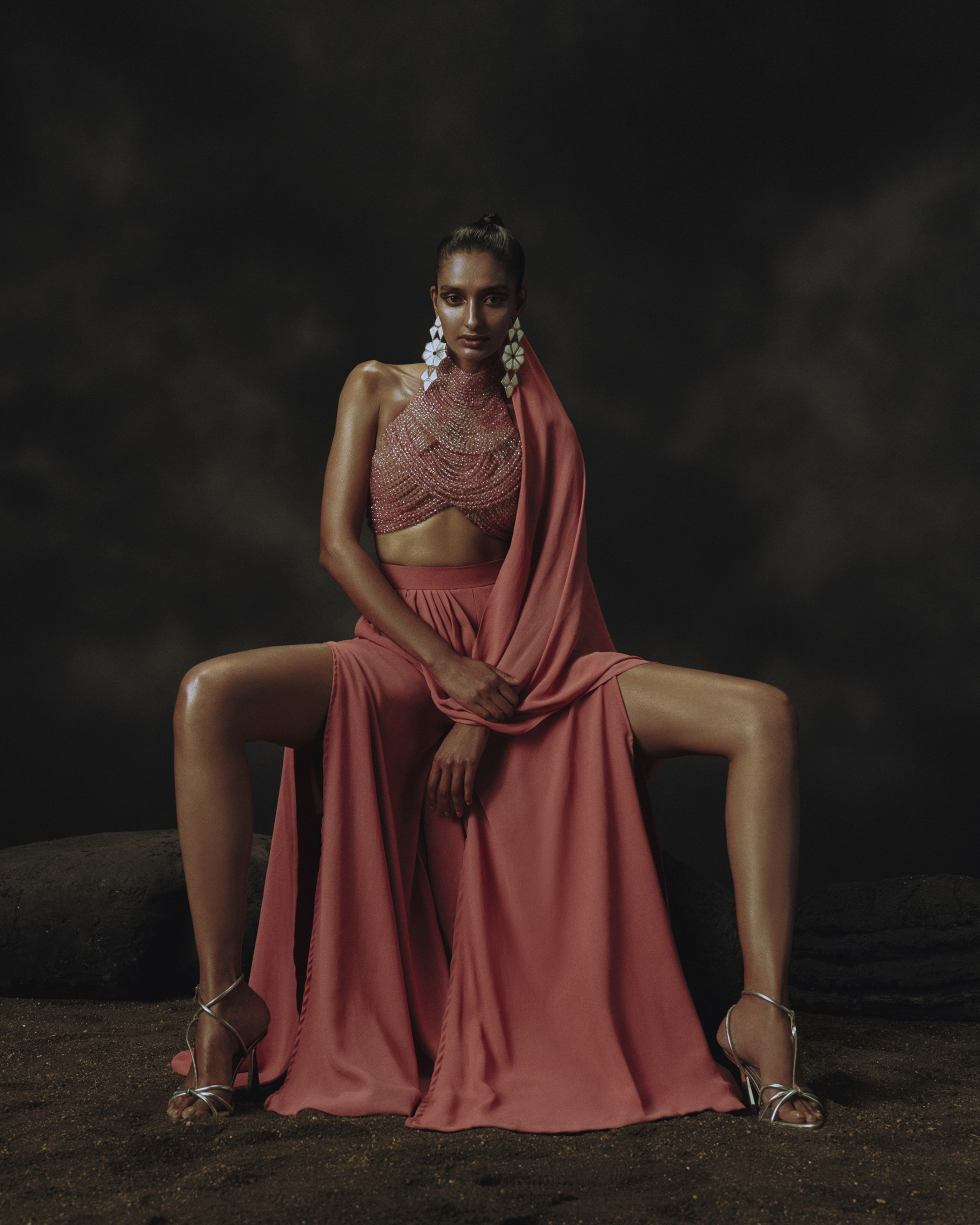 Pink Ombre Bead Blouse + Palazzo Pants with Attached Pallu