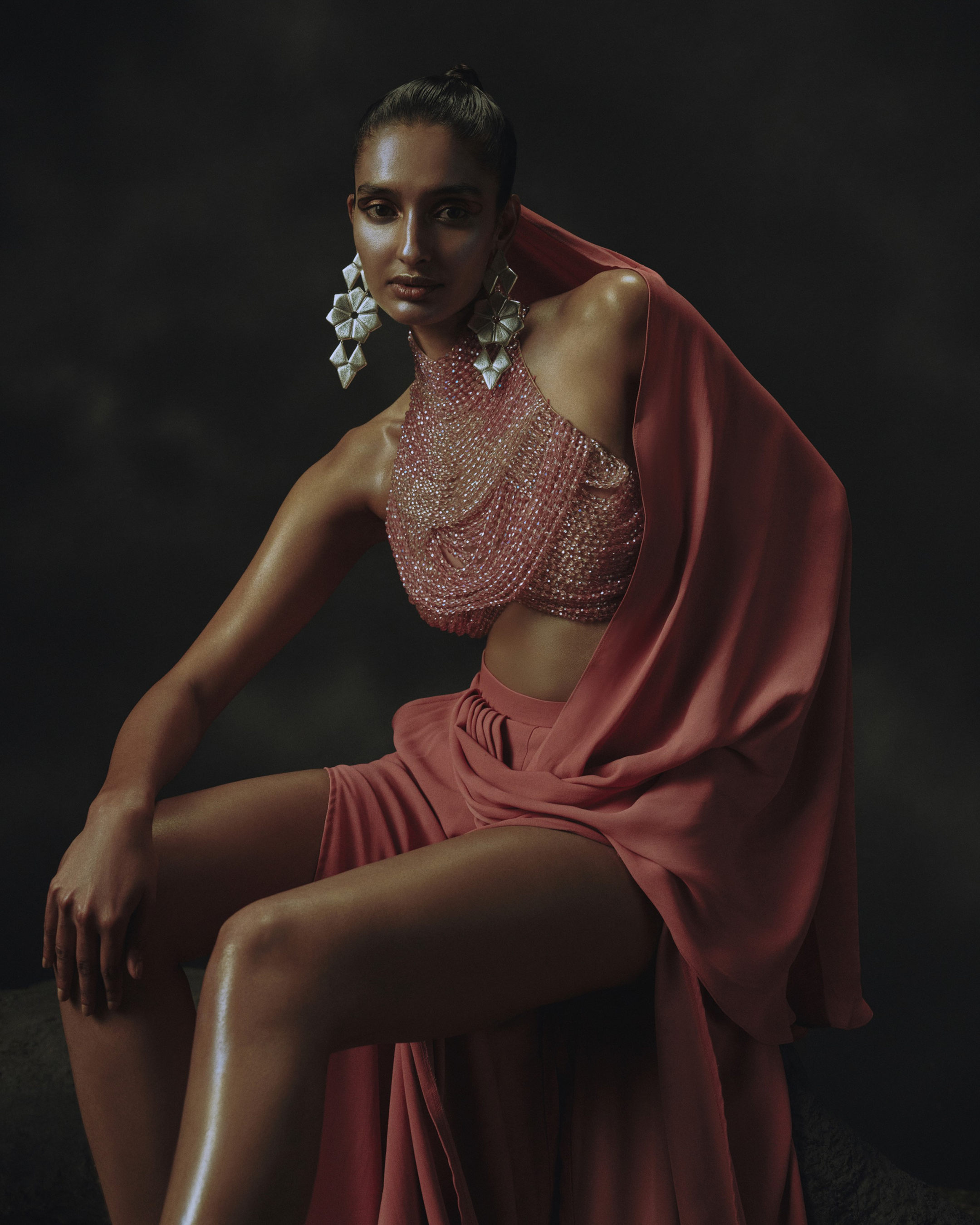 Pink Ombre Bead Blouse + Palazzo Pants with Attached Pallu