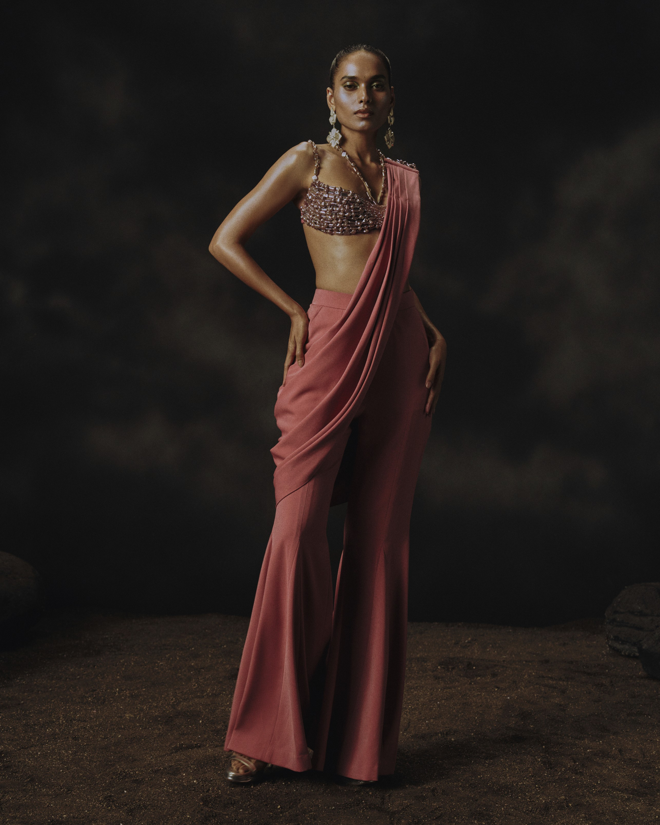 Pink Holographic Bead Blouse + Pant Saree