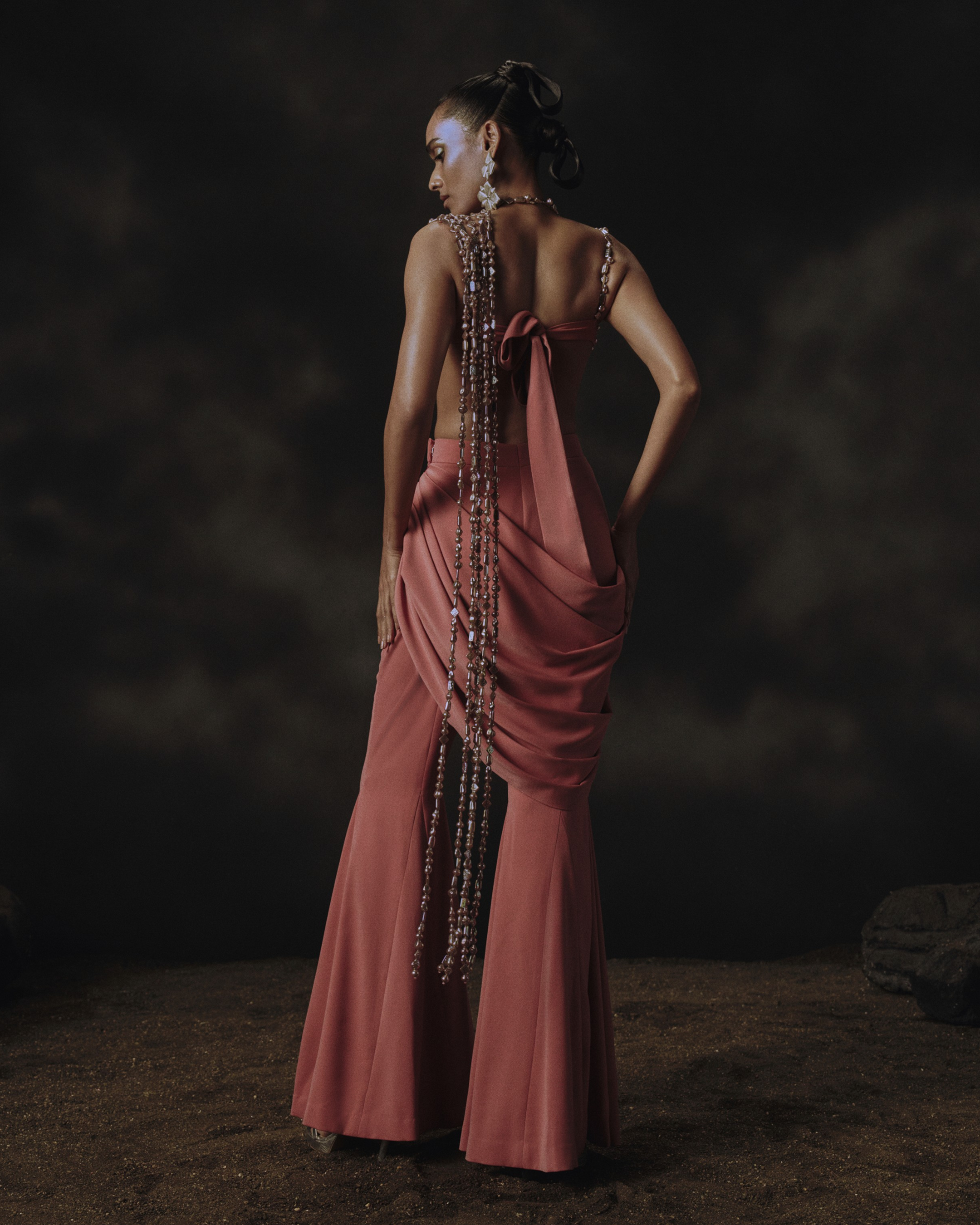 Pink Holographic Bead Blouse + Pant Saree