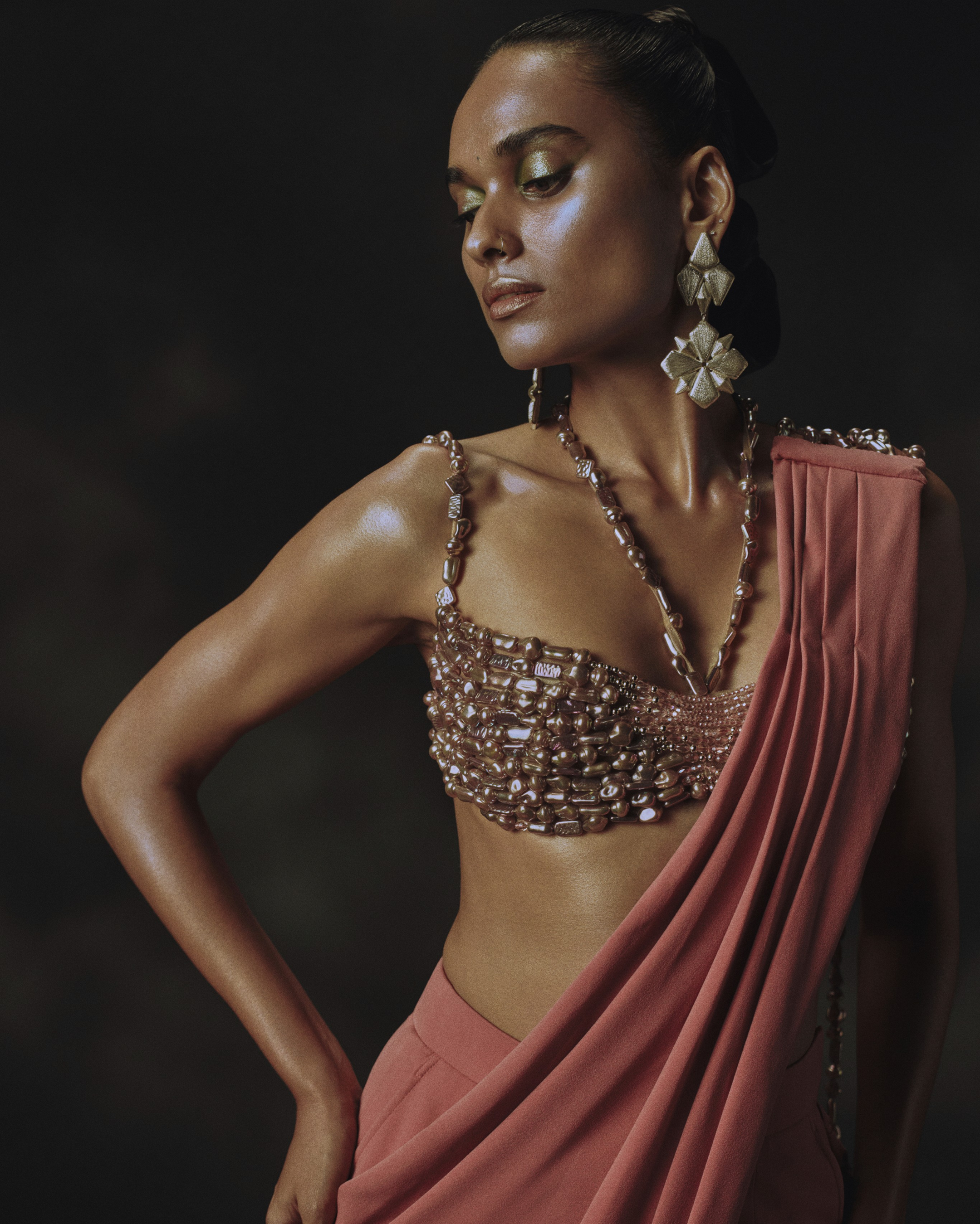 Pink Holographic Bead Blouse + Pant Saree