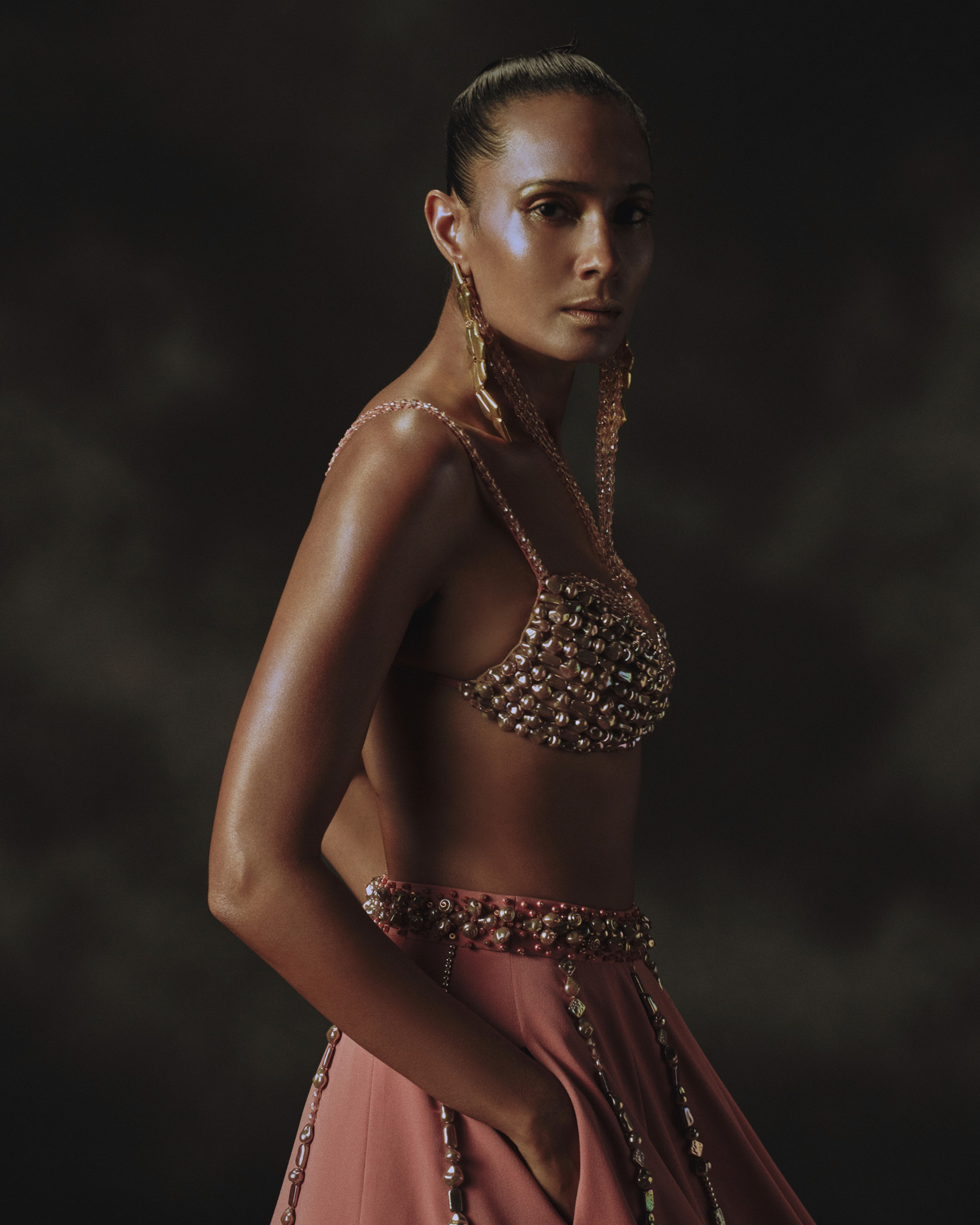 Pink Holographic Bead Blouse with Multipurpose Straps + Lehenga