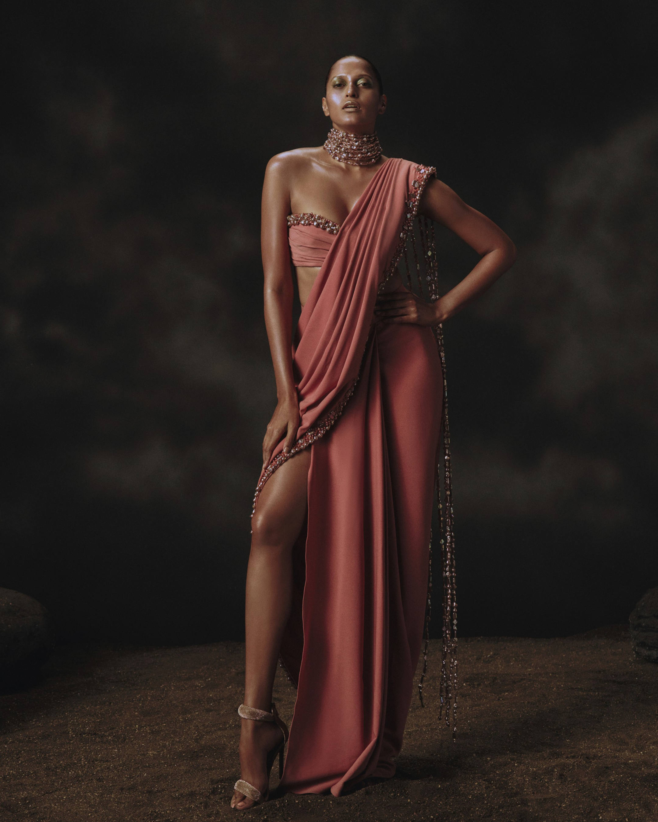 Pink Prestitched Holographic Bead Pallu Saree Set