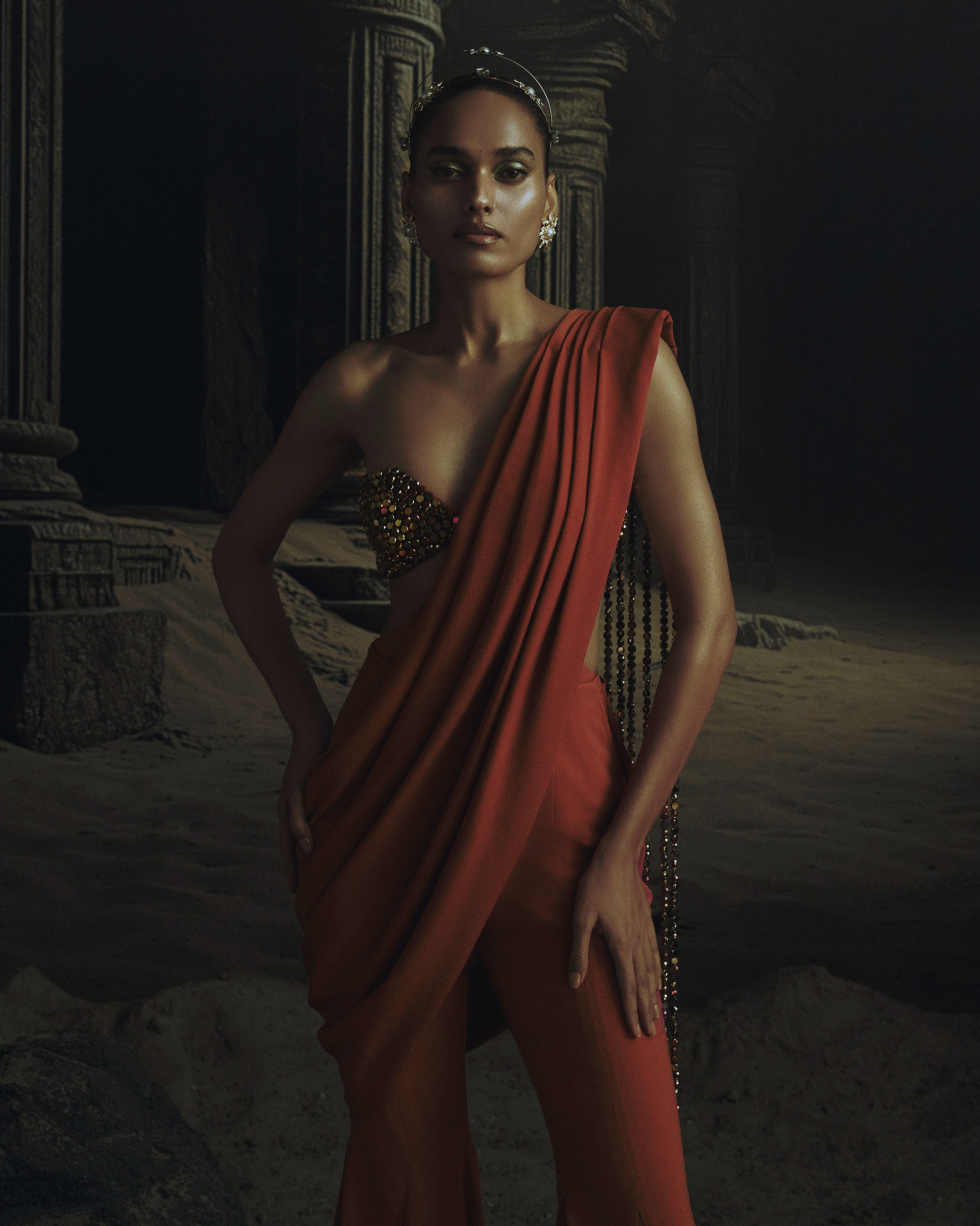 Rust Jumpsuit Saree with Metallic Bead Pallu