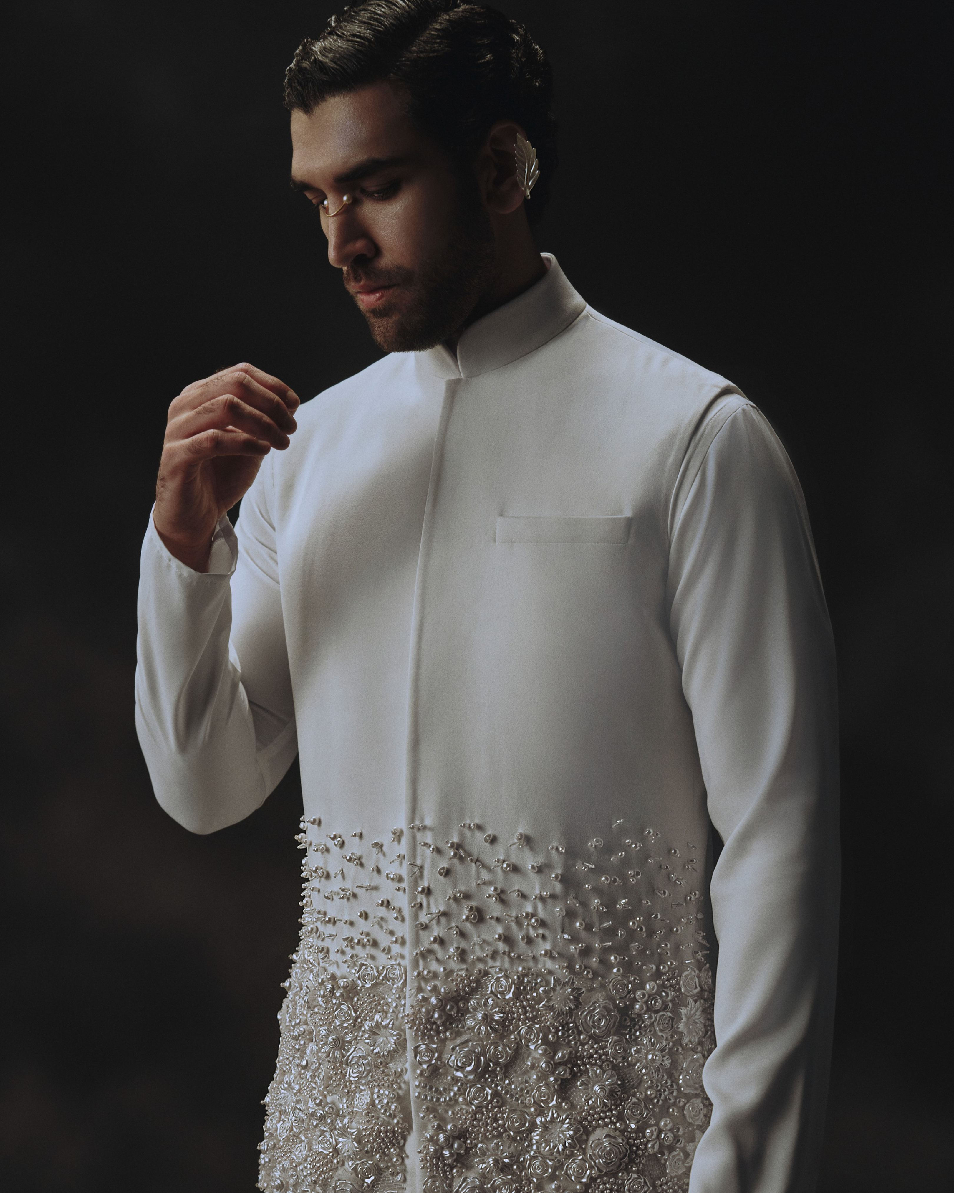 3D Embroidered Waistcoat with Diagonal Slashed Kurta + Pants